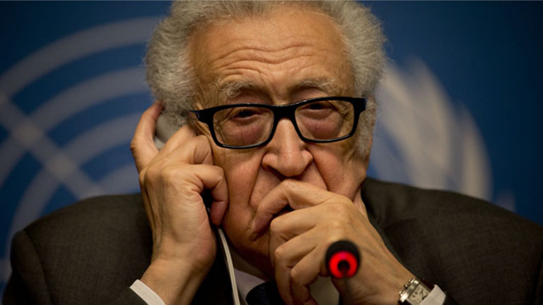 January 25, 2014: U.N. mediator Lakhdar Brahimi gestures during a press briefing at the United Nations headquarters in Geneva, Switzerland. (AP Photo)