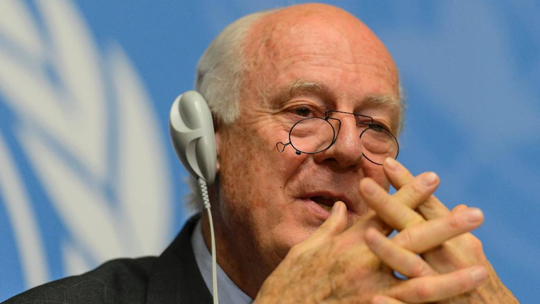 The UN Special Envoy of the Secretary General for Syria Staffan de Mistura speaks during a press conference on the situation in Syria at the European headquarters of the United Nations in Geneva, Switzerland, Tuesday, May 5, 2015. (Jean-Christophe Bott/Keystone via AP)