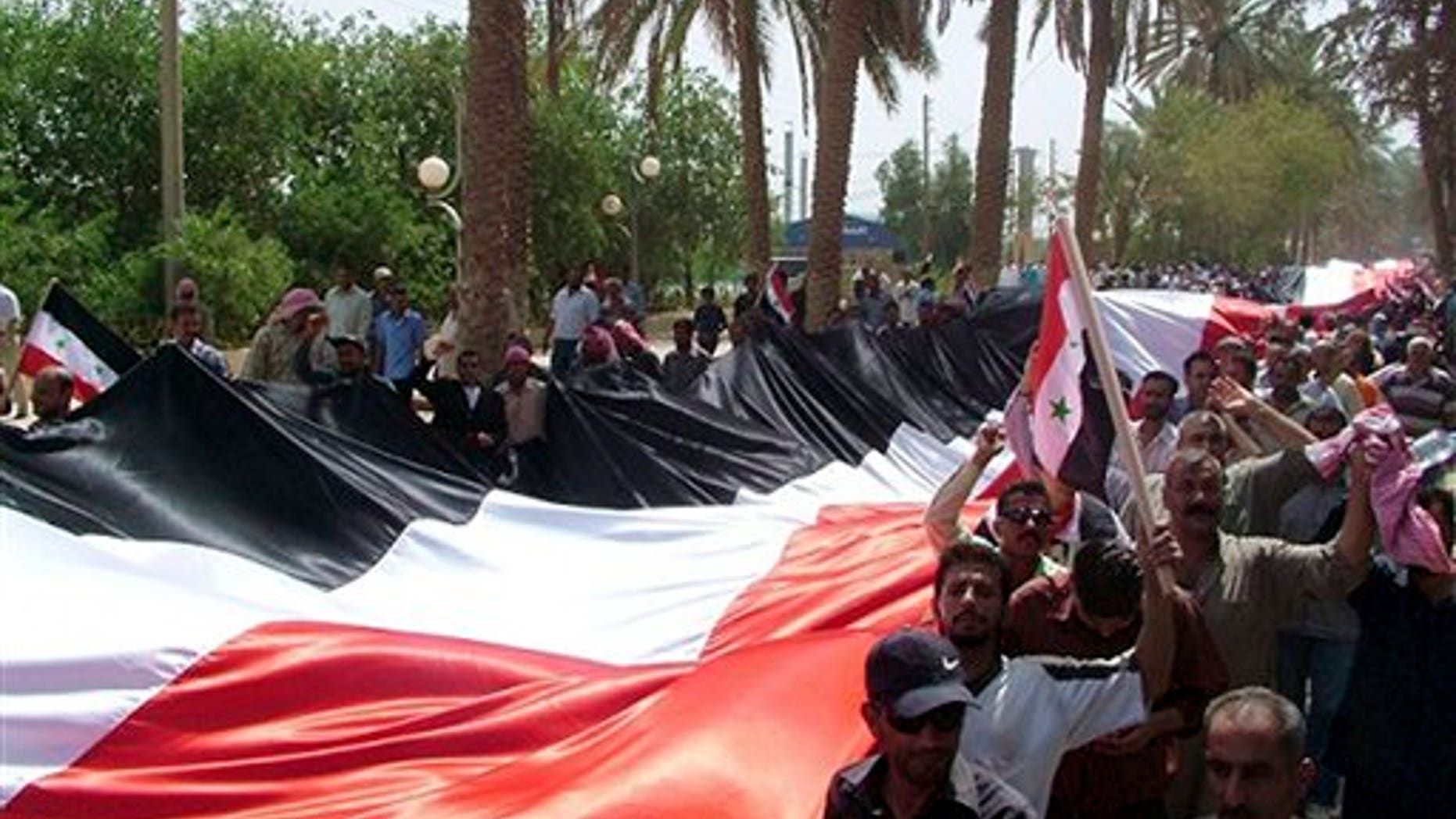 July 28: Syrian pro-government supporters carry a giant national flag during a rally in the eastern province of Deir el-Zour, Syria.