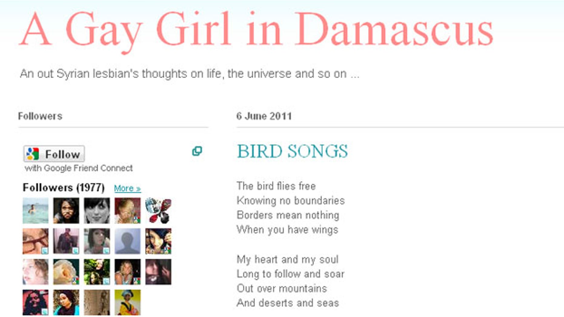 The blog "A Gay Girl in Damascus," is seen in this screen grab. The author of the blog had been reported missing.
