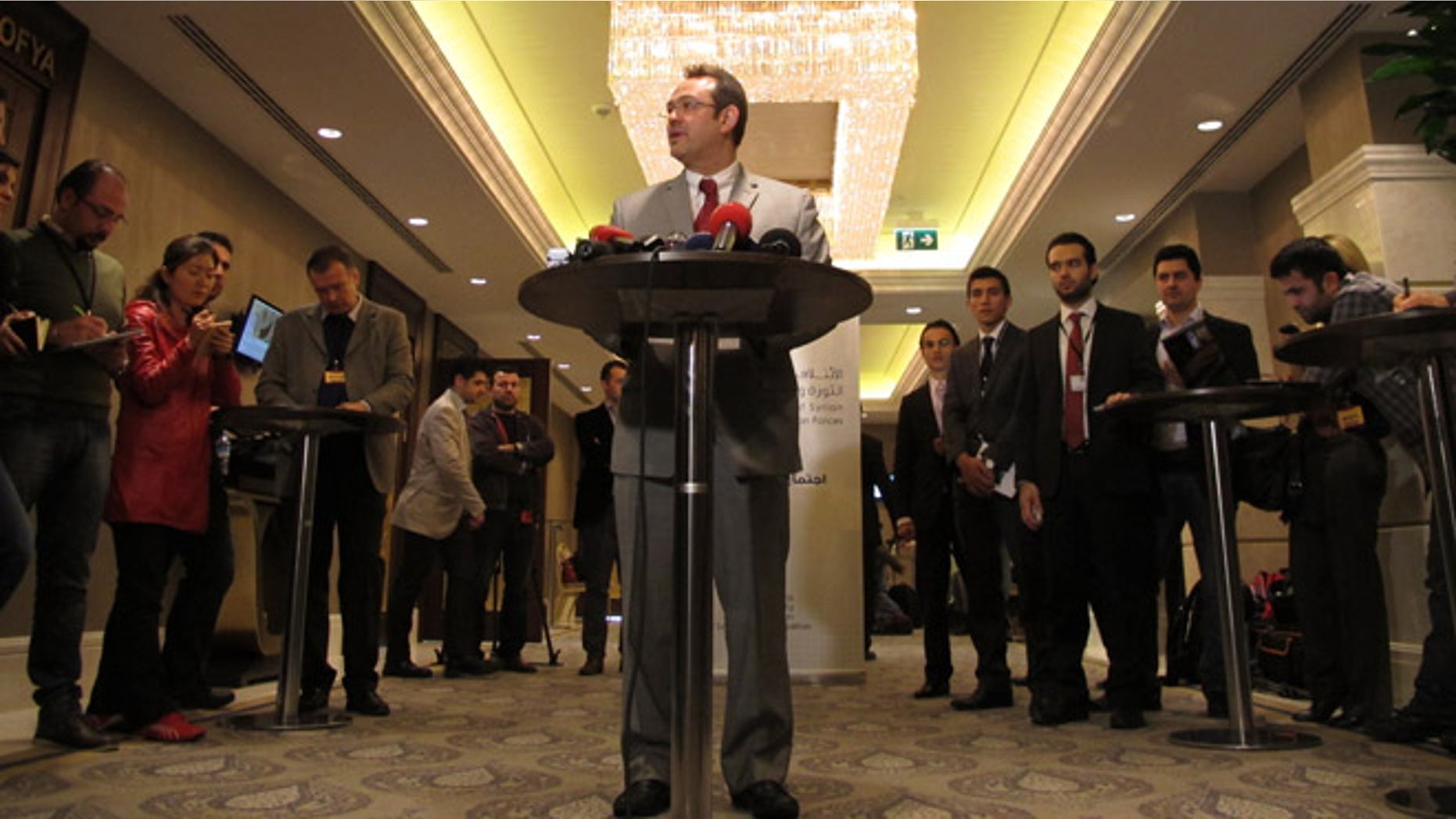 March 18, 2013: Khalid Saleh, the spokesman for the opposition Syrian National Coalition, speaks to reporters in Istanbul, Turkey.