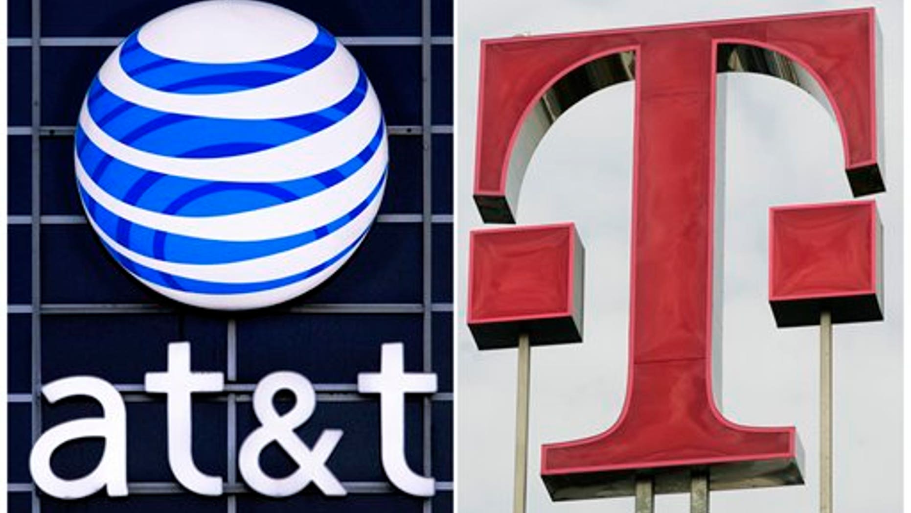 FILE - This file combination photo displays logos for AT&T, left, and Deutsche Telekom AG. The Justice Department filed suit Wednesday, Aug. 31, 2011, to block AT&T's $39 billion deal to buy T-Mobile USA on grounds that it would raise prices for consumers. (AP Photo/dapd File)