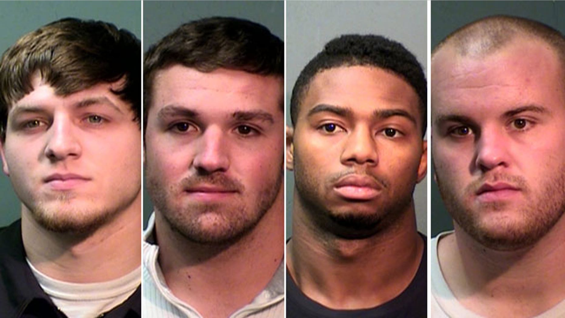Booking photos provided by the Fort Worth Police Department show TCU football players D.J. Yendrey, Tanner Brock, Devin Johnson and Tyler Horn.