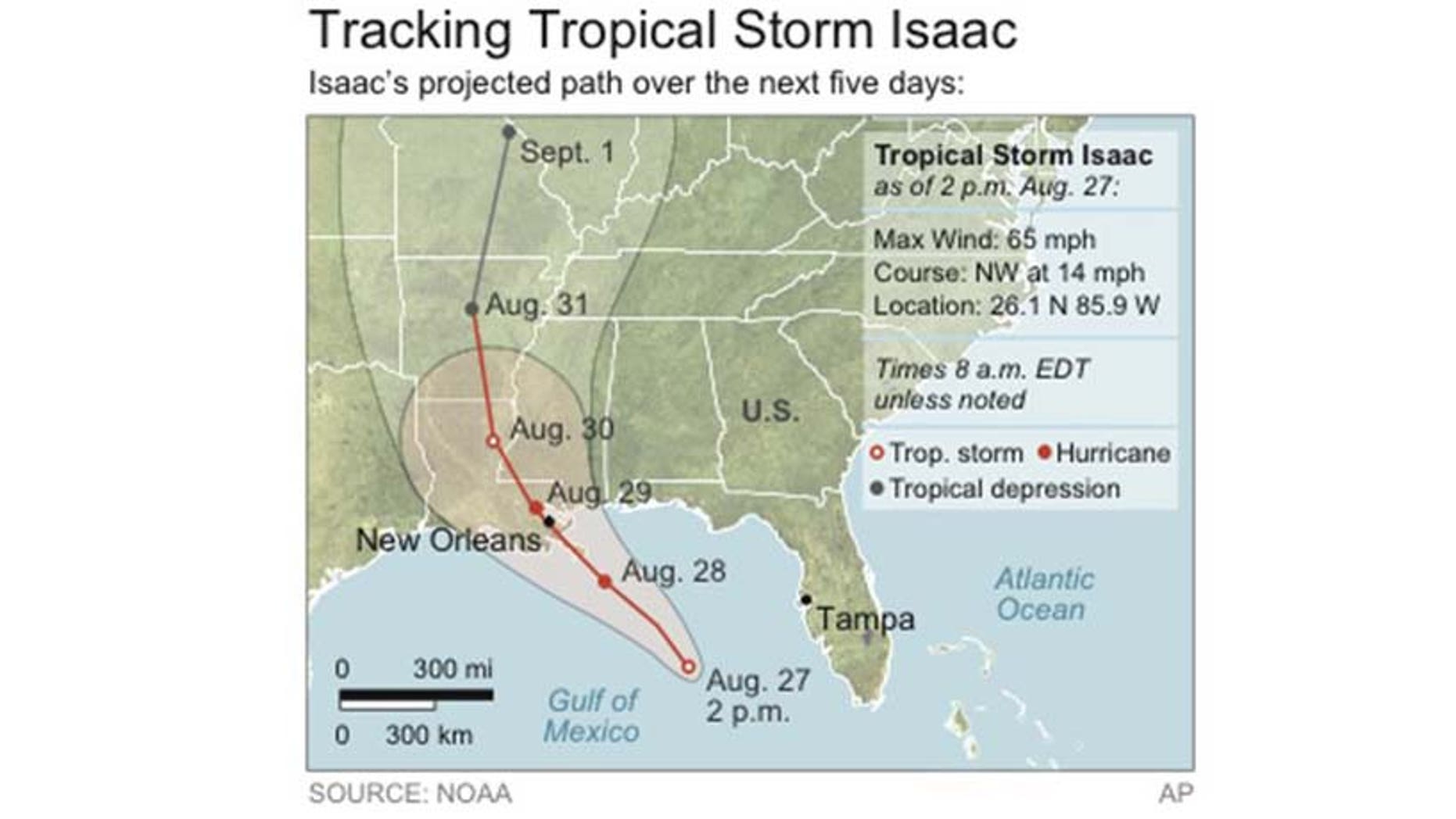 Map locates Tropical Storm Isaac and its projected path.
