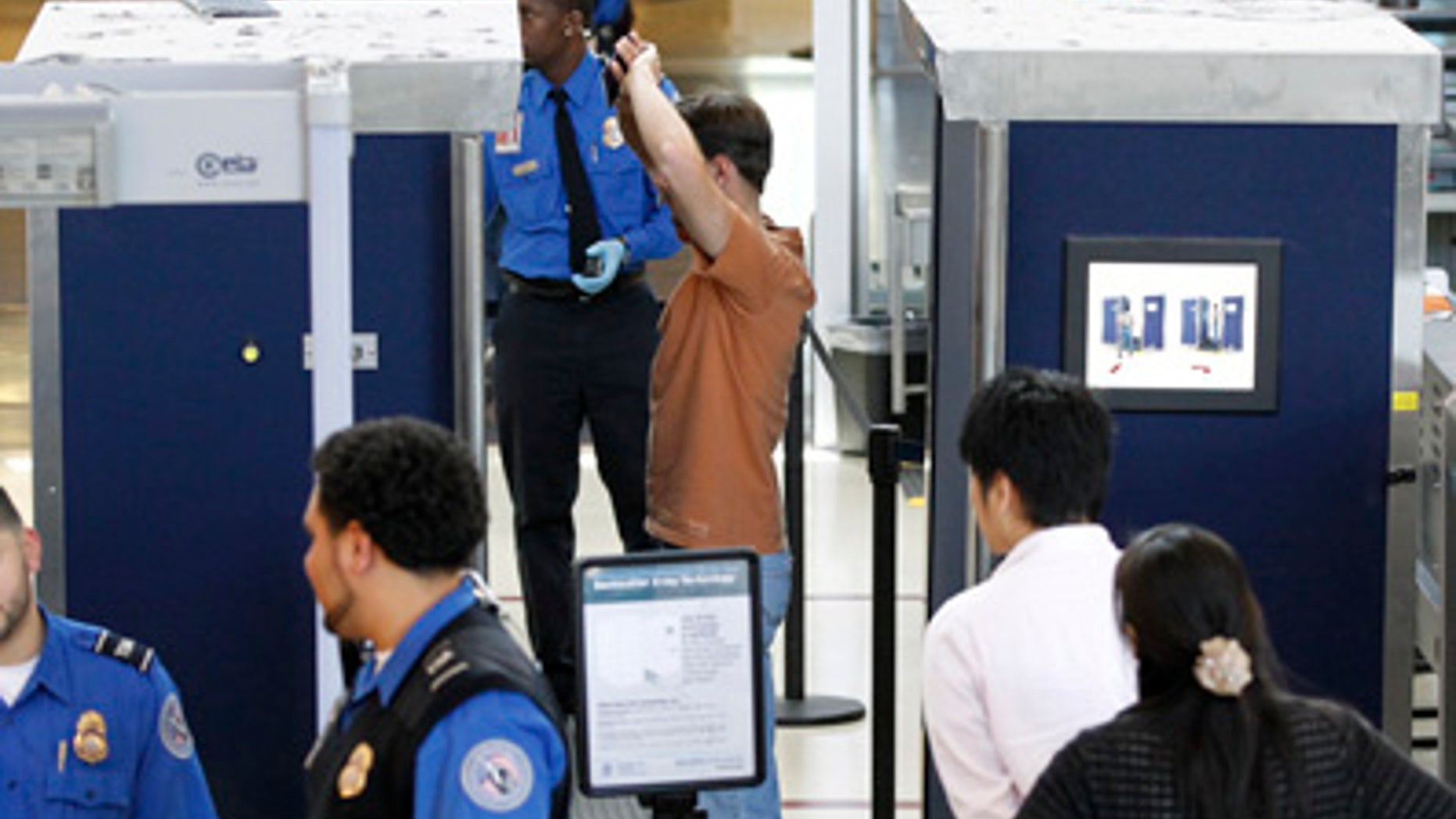File: May 2011: A man is screened with a backscatter x-ray machine at a TSA security checkpoint at Los Angeles International Airport.
