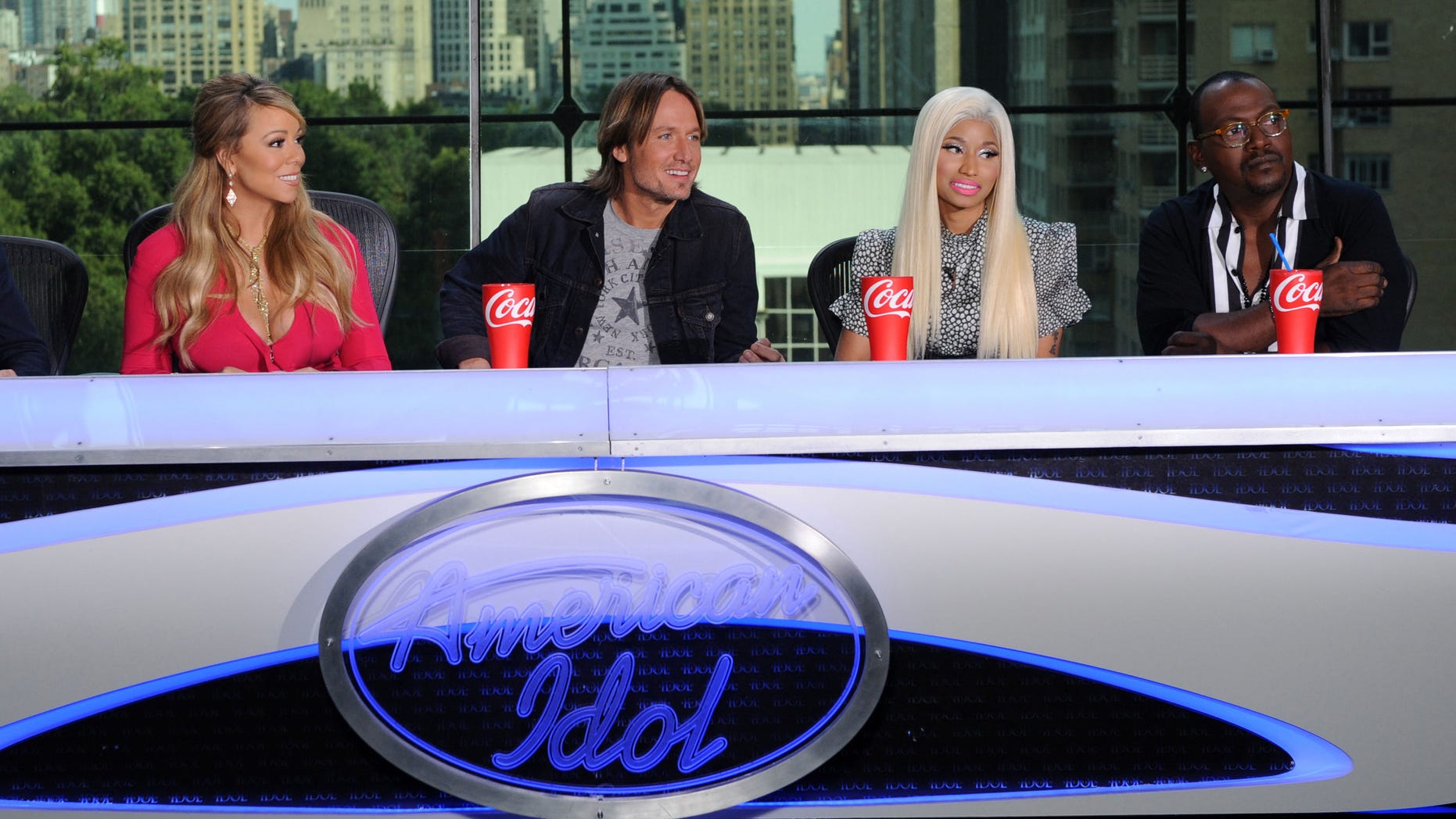Sept. 17, 2012: This image released by Fox shows the new judges for the singing competition series "American Idol." From left, Mariah Carey, Keith Urban, Nicki Minaj and Randy Jackson at a news conference in New York City.