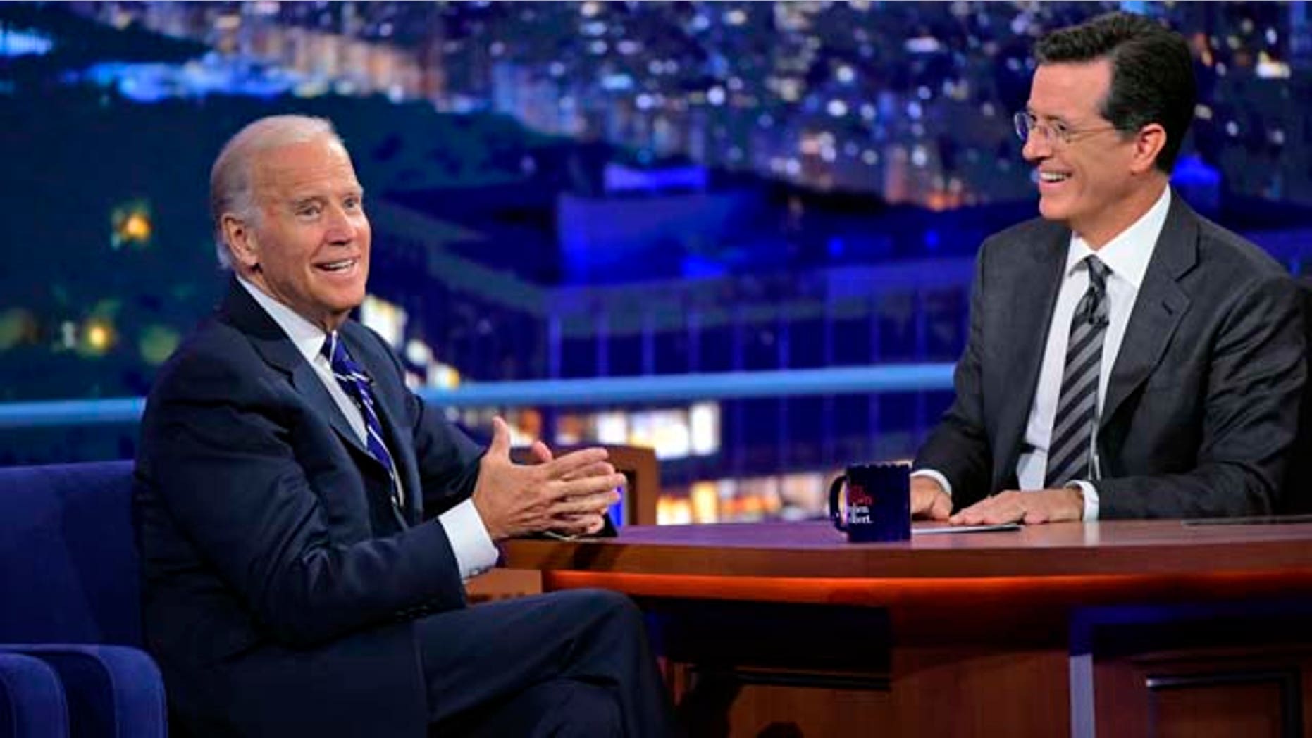 Sept. 10, 2015: In this image released by CBS, host Stephen Colbert, right, smiles as he talks with Vice President Joe Biden during a taping of 'The Late Show with Stephen Colbert,' on Thursday, Sept. 10, 2015 in New York. (John Paul Filo/CBS via AP)