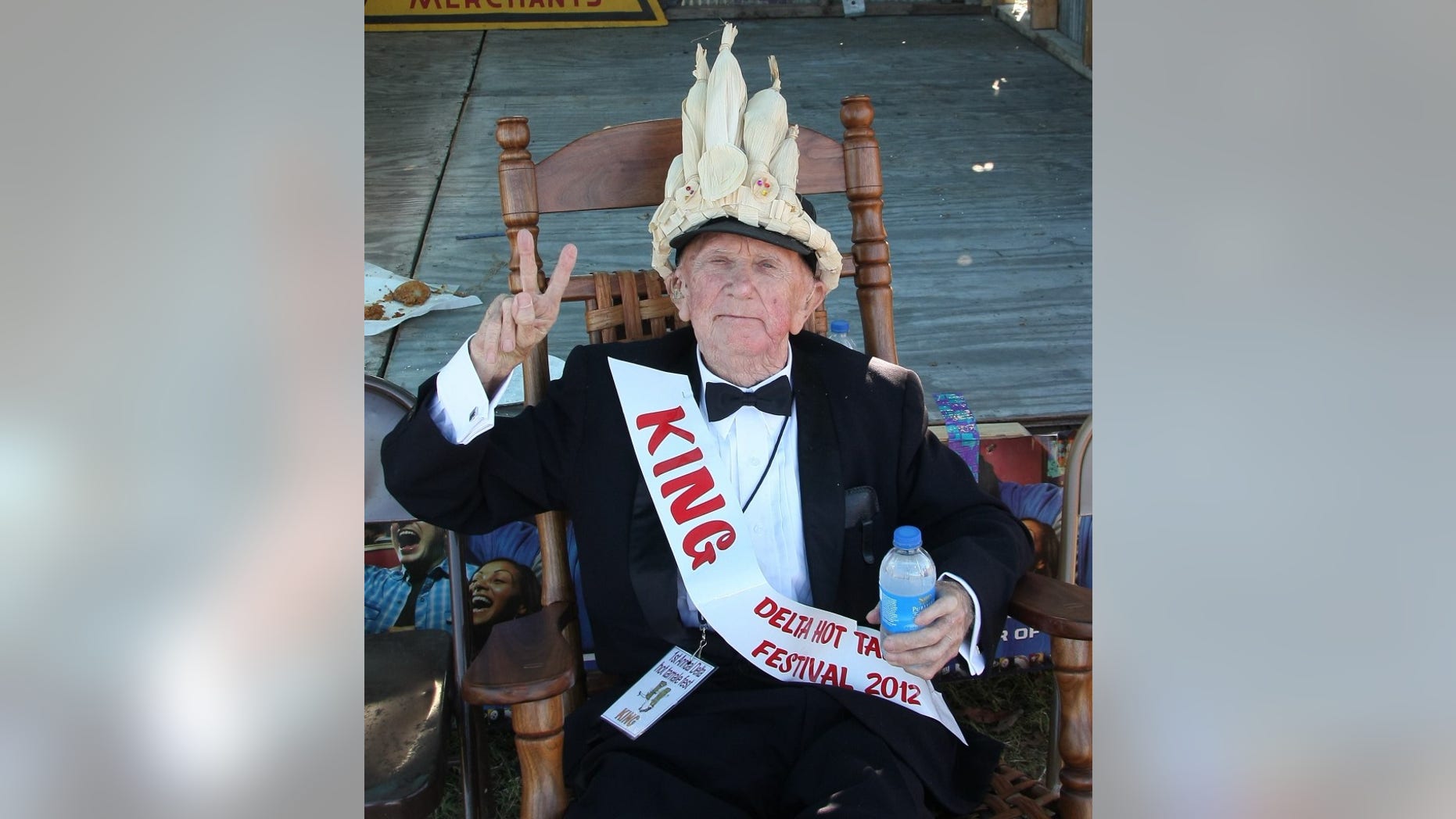 World War II veteran Lawrence “Shine” Thornton, 87, is shown after being crowned “Hot Tamale King” for his home-cooked beef tamales. Thornton died from injuries he received during an apparent mugging at his Mississippi home on October 20, 2013.