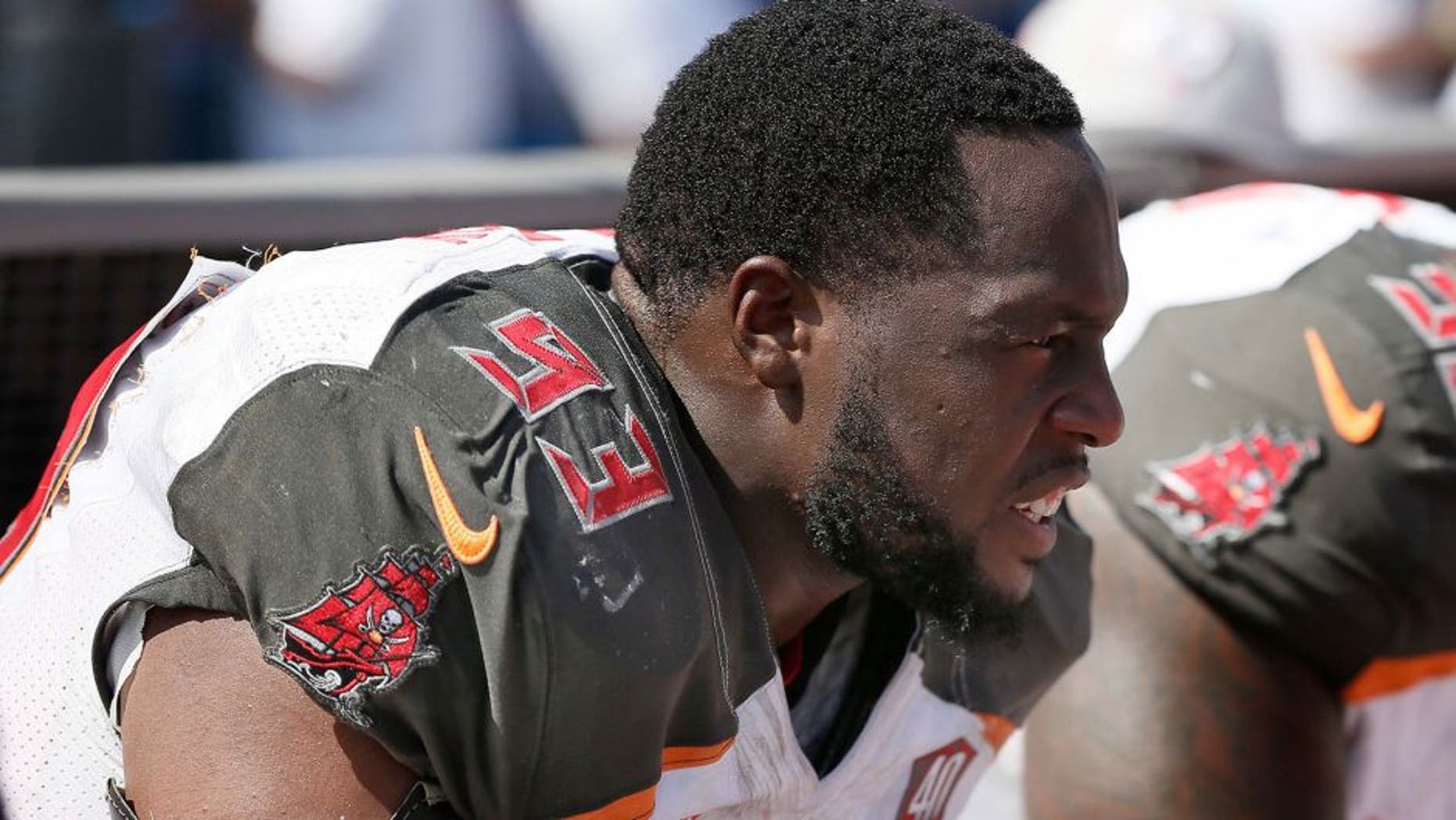 Oct 11, 2015; Tampa, FL, USA; Tampa Bay Buccaneers defensive tackle Gerald McCoy (93) on the bench during the second quarter of an NFL football game against the Jacksonville Jaguars at Raymond James Stadium. Mandatory Credit: Reinhold Matay-USA TODAY Sports