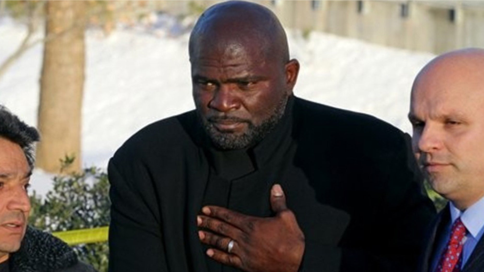 ** ADDS IDENTIFICATION FOR MAN AT LEFT ** Former NFL football star Lawrence Taylor, center, walks from the Rockland County Courthouse with his attorney Arthur Aidala, Thursday, Jan. 13, 2011, in New City, N.Y., after Taylor pleaded guilty to misdemeanor charges of sexual misconduct and patronizing a prostitute. The 51-year-old ex-linebacker will get no jail time following his plea Thursday. Dino Kyriacou is at left. (AP Photo/Craig Ruttle)