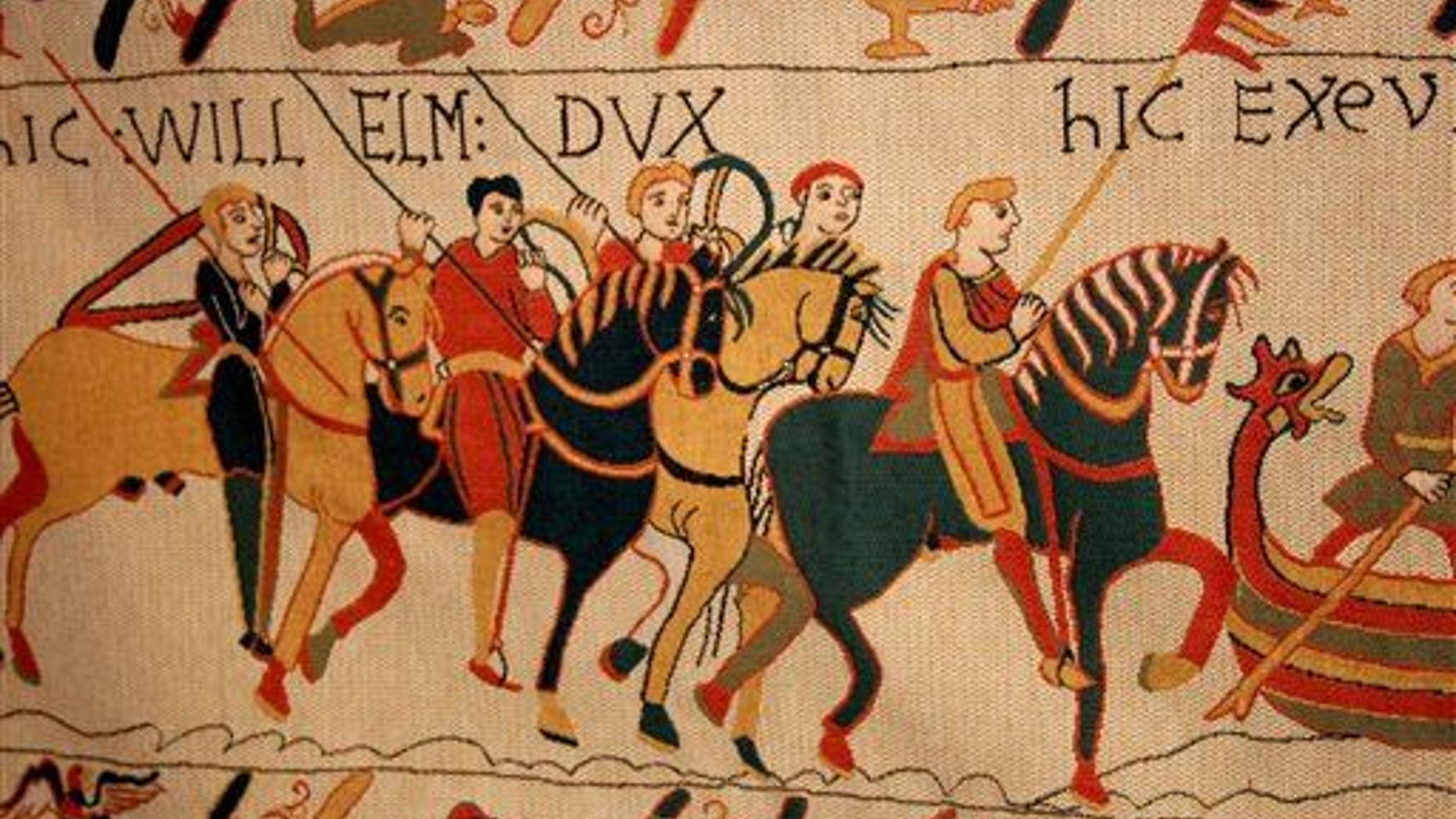 A scene from the Bayeux Tapestry. The nearly thousand-year-old treasure, which is actually more of an embroidered scroll, depicts the story of how William, duke of Normandy, became king of England.