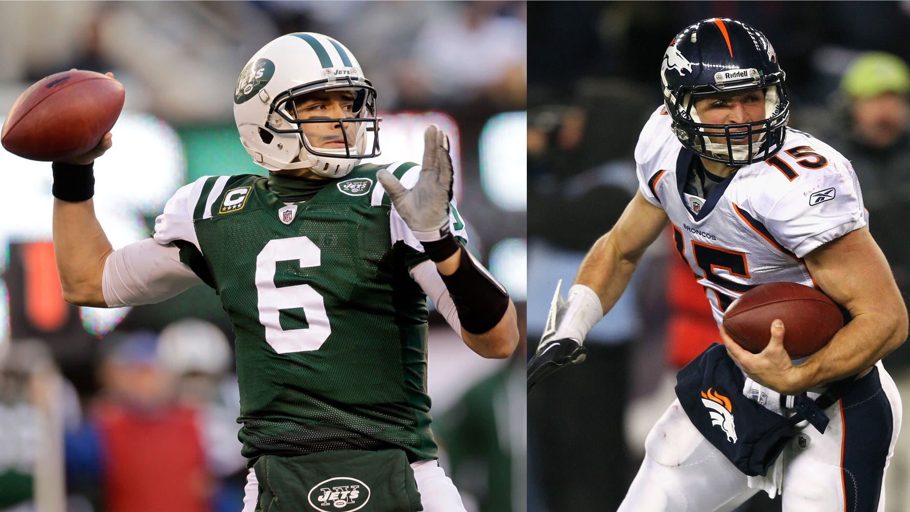 (L) QB Mark Sanchez. (R) QB Tim Tebow