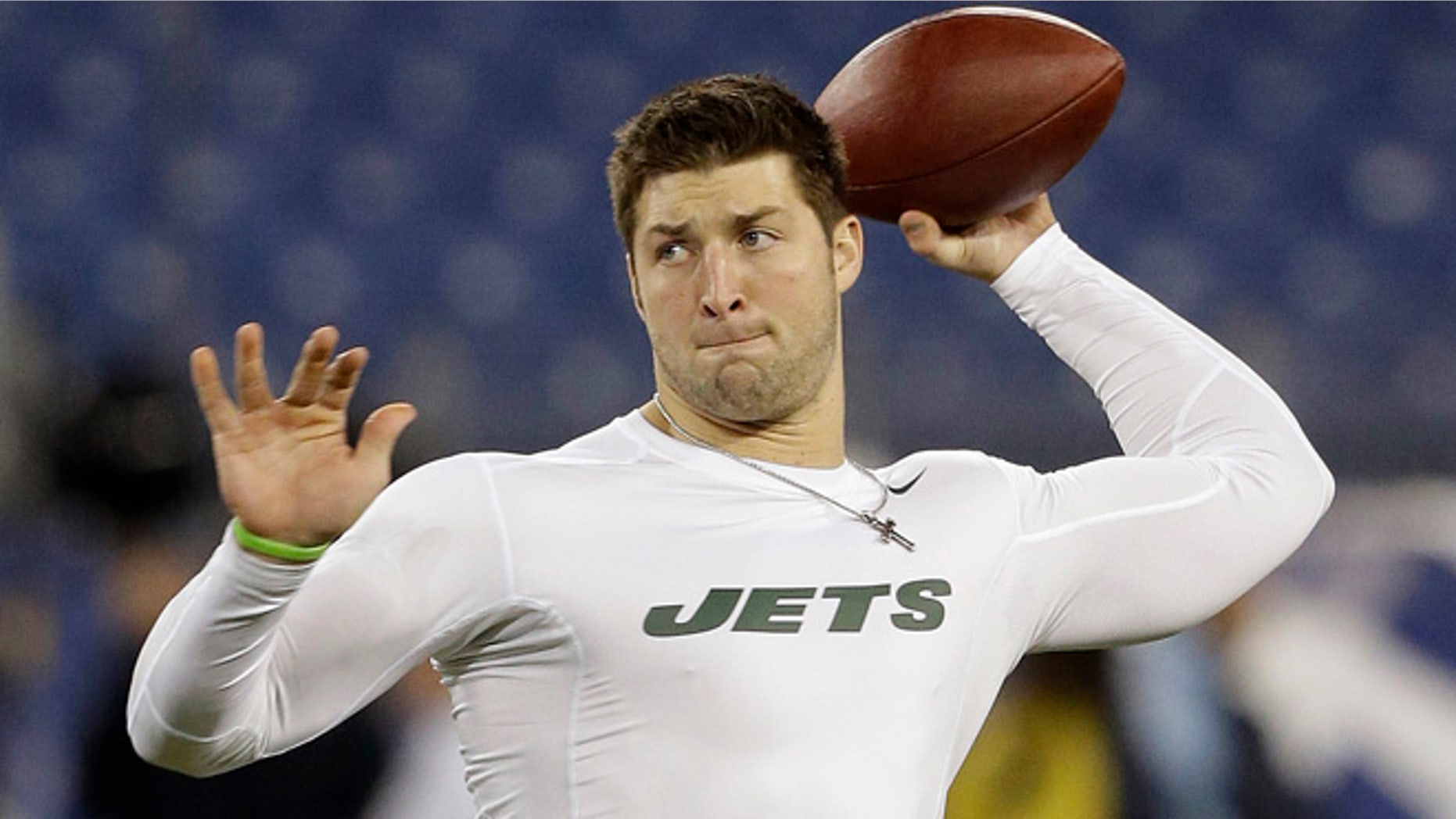 Dec. 17, 2012: In this file photo, then-New York Jets quarterback Tim Tebow warms up before an NFL football game in Nashville, Tenn.