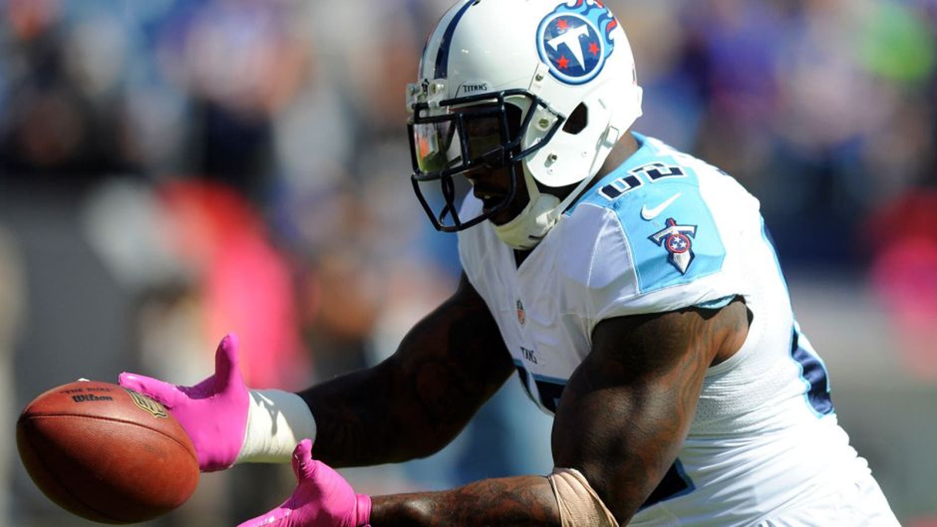 Oct 11, 2015; Nashville, TN, USA; Tennessee Titans tight end Delanie Walker (82) prior to the game against the Buffalo Bills at Nissan Stadium. Mandatory Credit: Christopher Hanewinckel-USA TODAY Sports