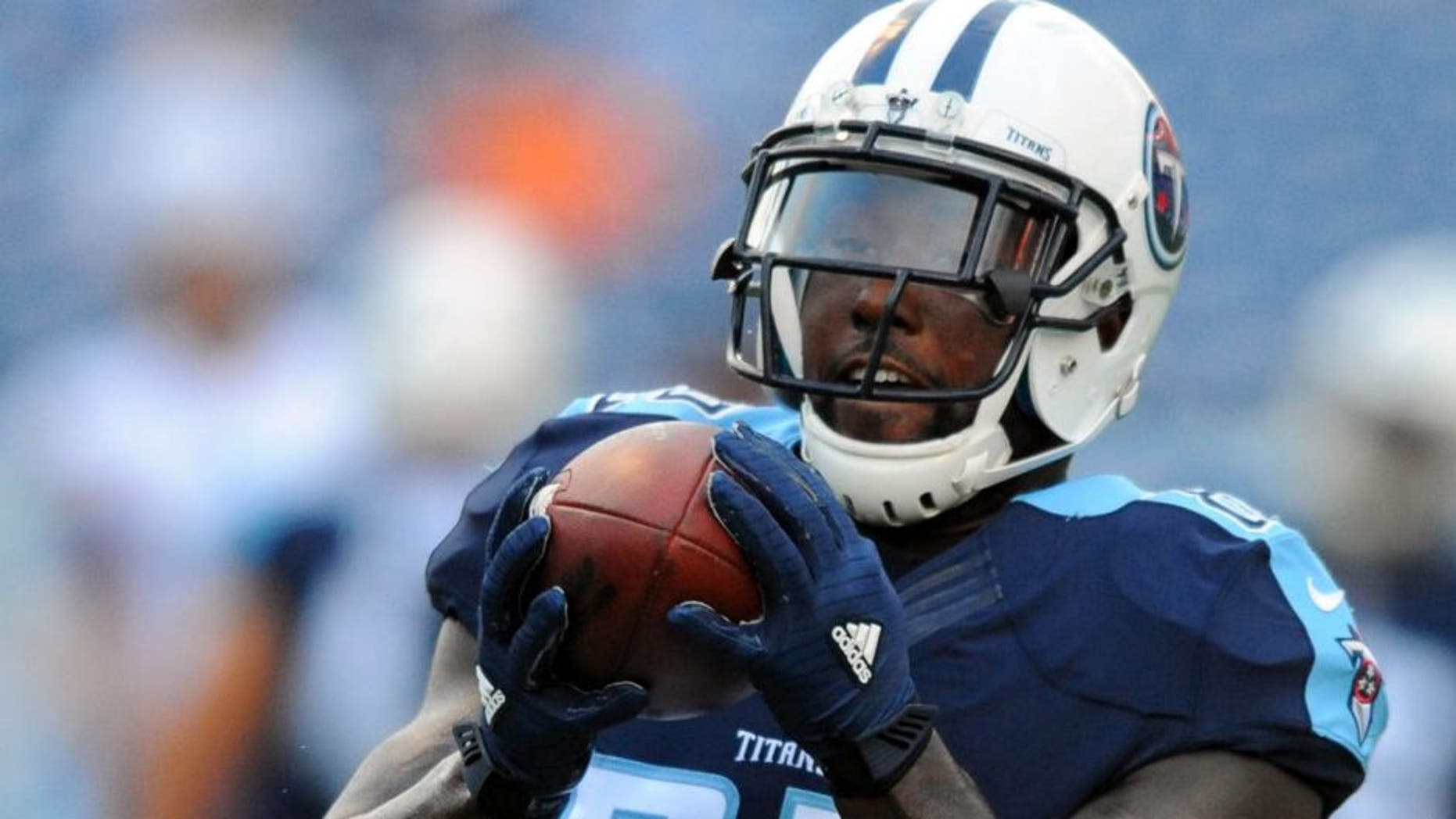 Sep 3, 2015; Nashville, TN, USA; Tennessee Titans tight end Delanie Walker (82) prior to the game against the Minnesota Vikings at Nissan Stadium. Mandatory Credit: Christopher Hanewinckel-USA TODAY Sports