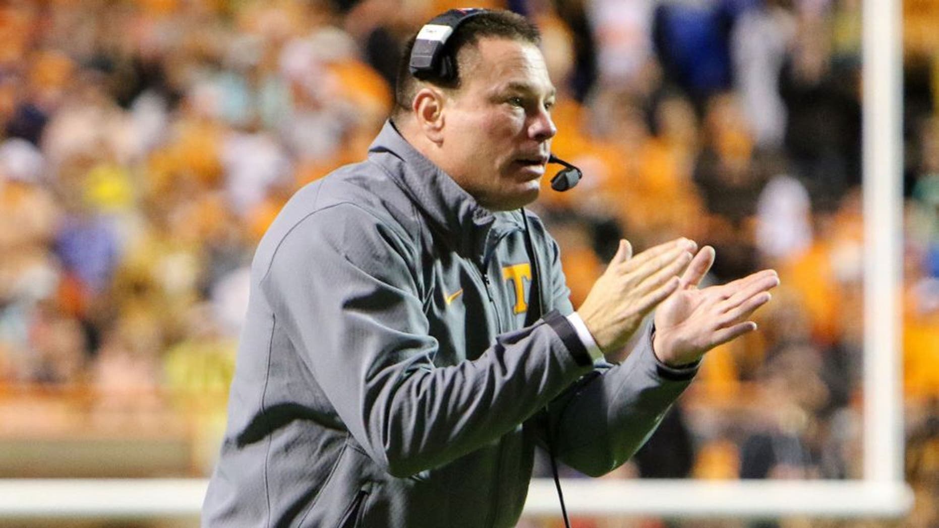 Oct 3, 2015; Knoxville, TN, USA; Tennessee Volunteers head coach Butch Jones during the first quarter against the Arkansas Razorbacks at Neyland Stadium. Mandatory Credit: Randy Sartin-USA TODAY Sports