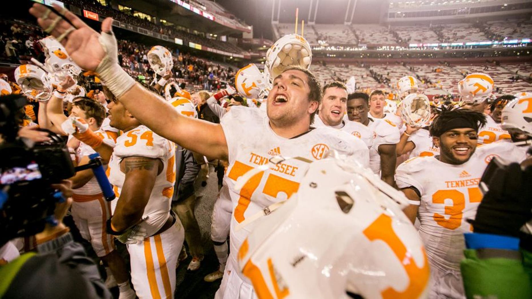 Nov 1, 2014; Columbia, SC, USA; Tennessee Volunteers offensive lineman Kyler Kerbyson (77) sings Rocky Top following their overtime win over the South Carolina Gamecocks at Williams-Brice Stadium. Mandatory Credit: Jeff Blake-USA TODAY Sports