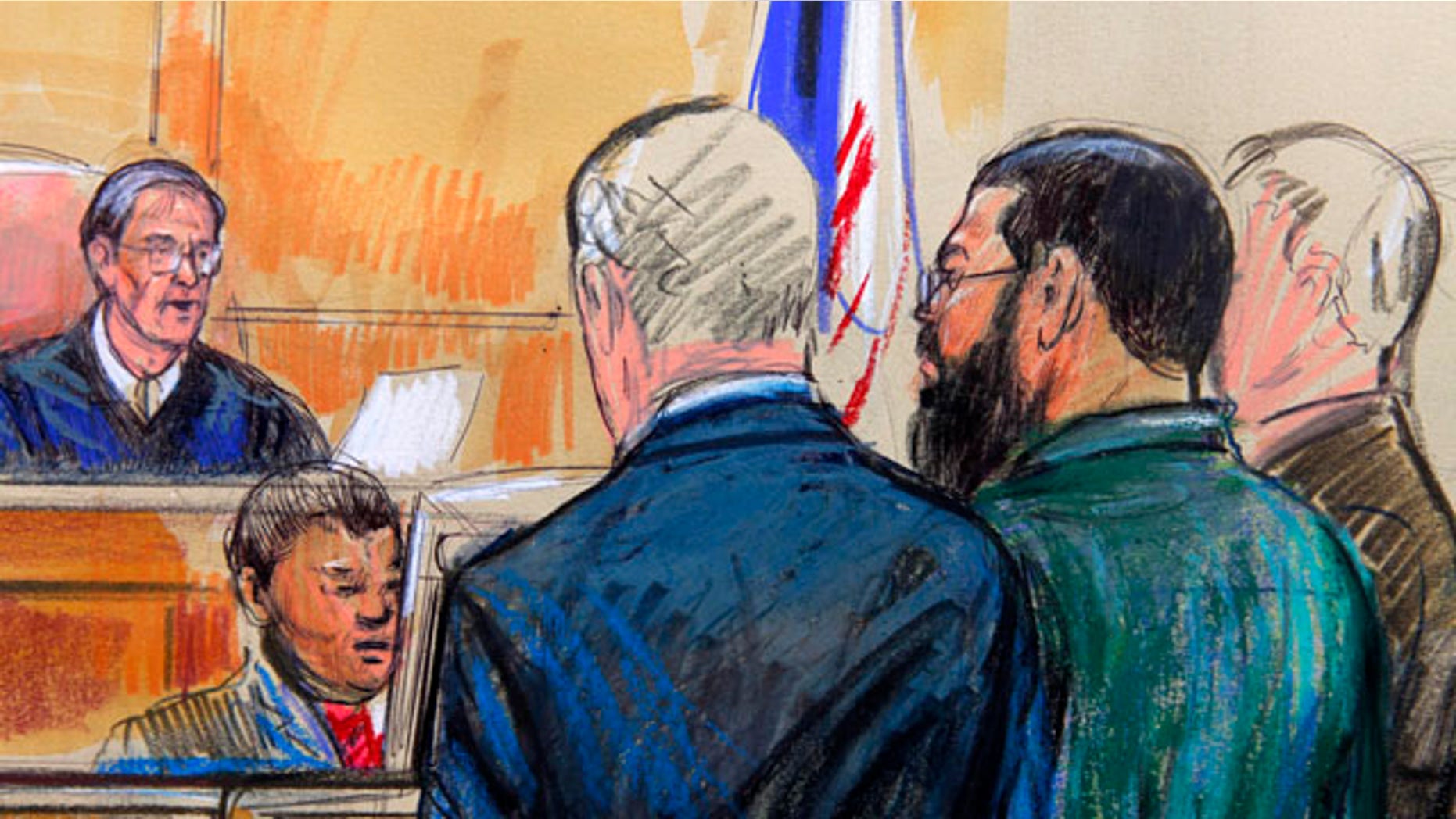 Oct. 29: This artist rendering shows Farooque Ahmed, second from right, in federal court in Alexandria, Va. Ahmed has pleaded not guilty on charges that he allegedly plotted with people he thought were Al Qaeda members to conduct bombings at D.C. subway stations.