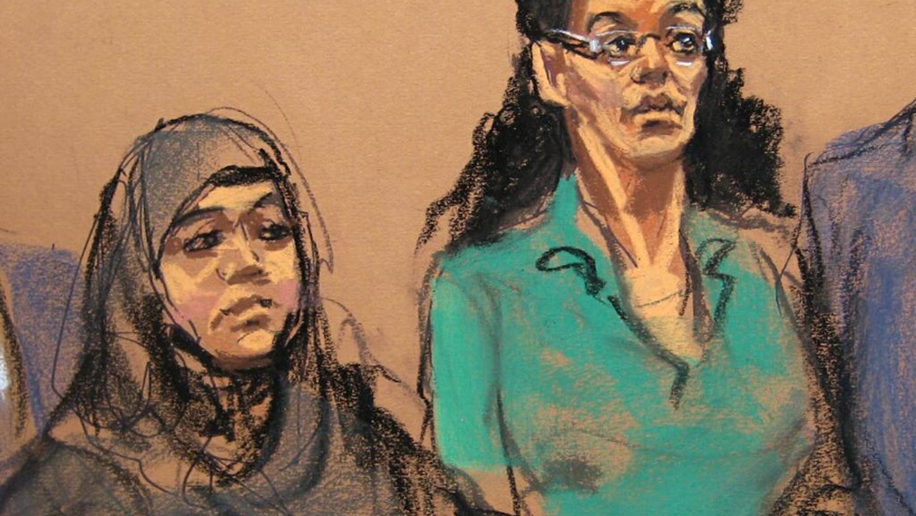 FILE- In this April 2, 2015 courtroom sketch, defendants Noelle Velentzas, left and Asia Siddiqui, appear at federal court in New York on charges they plotted to wage violent jihad by building a homemade bomb and using it for a Boston Marathon-type terror attack. According to prosecutors, the pair weren’t interested in taking on the subservient role of going overseas to marry the militant group fighters, but sought to "make history" on their own by building a bomb and attacking a domestic target. (AP Photo/Jane Rosenberg, File)