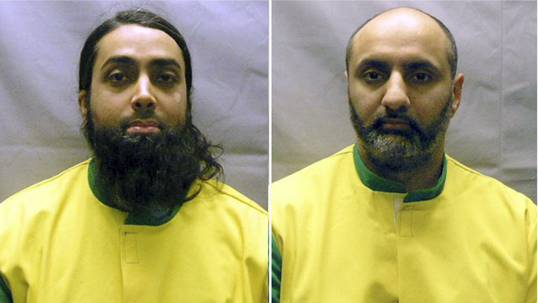 These Nov. 9, 2012 file photos provided by the U.S. Attorney's Office show Syed Talha Ahsan and Babar Ahmad, who were extradited in October 2012 with to the United States from Britain on charges they supported terrorists in Afghanistan and Chechnya by operating web sites to raise cash, recruit fighters and solicit items such as gas masks. (AP)