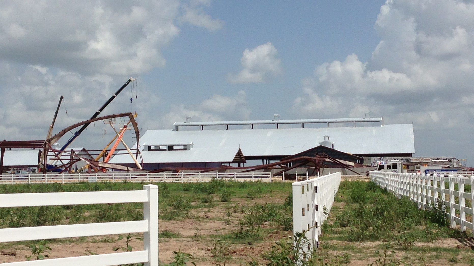 June 22, 2013: This photo provided by KBTX-TV shows damage to the Texas A&M University equestrian center near College Station, Texas.