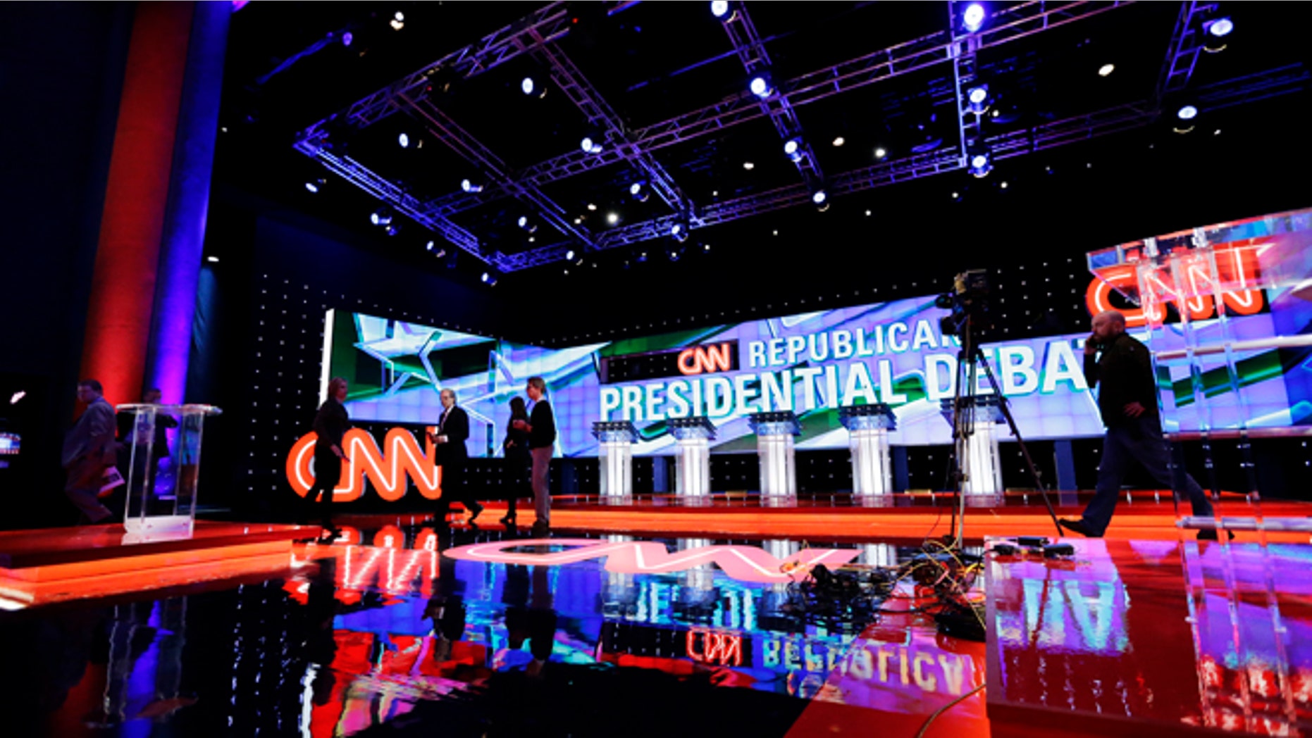 The hall is set before a Republican presidential primary debate at The University of Houston, Thursday, Feb. 25, 2016, in Houston. (AP Photo/David J. Phillip)
