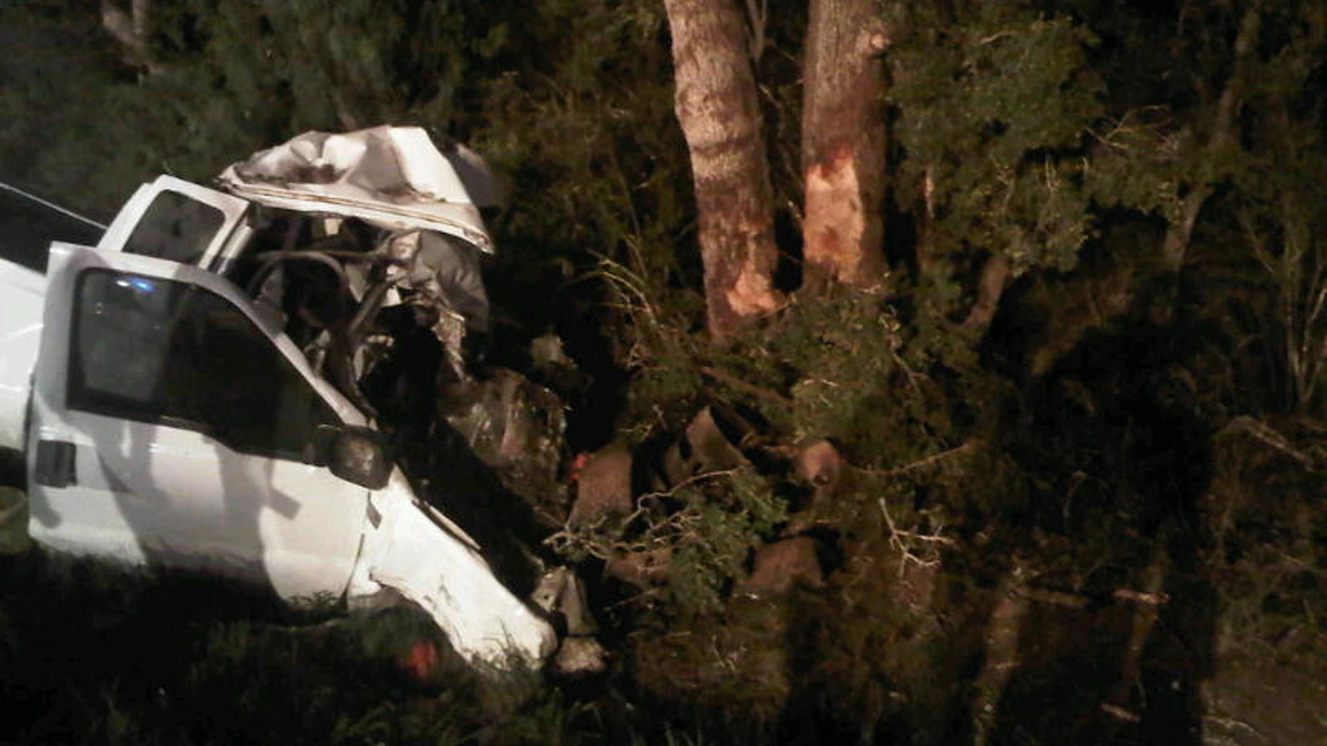July 22, 2012: The wreckage of a pickup truck is seen after it crashed into trees in Goliad County.