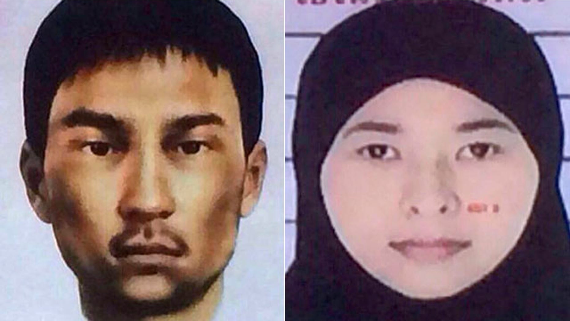 Aug. 31, 2015: These images show two suspects wanted by Thai police in connection with this month's deadly bombing in Bangkok. Police say the unidentified man was living in an apartment raided by authorities in Min Buri, in Bangkok's outskirts, where police found fertilizer, gun powder, digital clocks and remote-controlled cars whose parts can be used for detonation. Authorities say the woman at right, Wanna Suansun, was renting the apartment. (National Council for Peace and Order via AP)