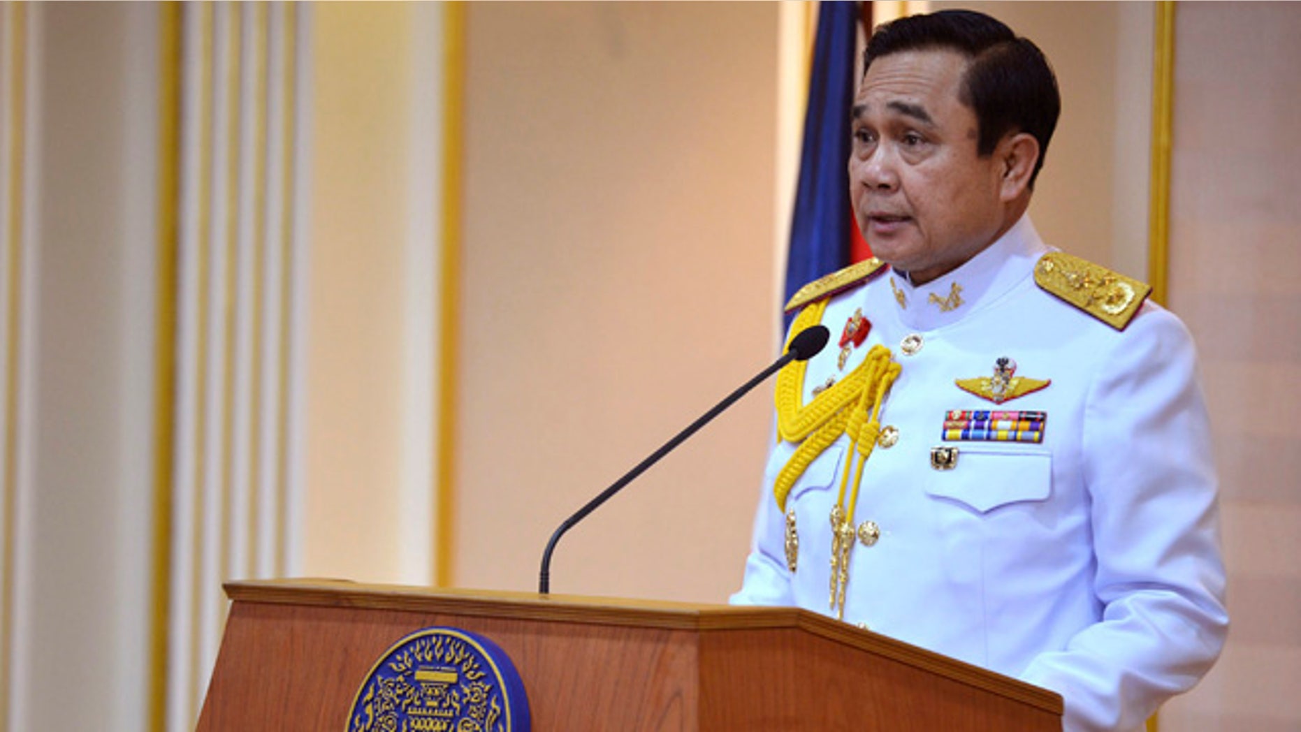 August 25, 2014: In this photo released by Thai Spokesman Office, Gen. Prayuth Chan-ocha speaks after he accepted a written royal command issued by King Bhumibol Adulyadej certifying his appointment as the country's 29th premier in Bangkok in Bangkok. (AP Photo/Thai Spokesman Office)