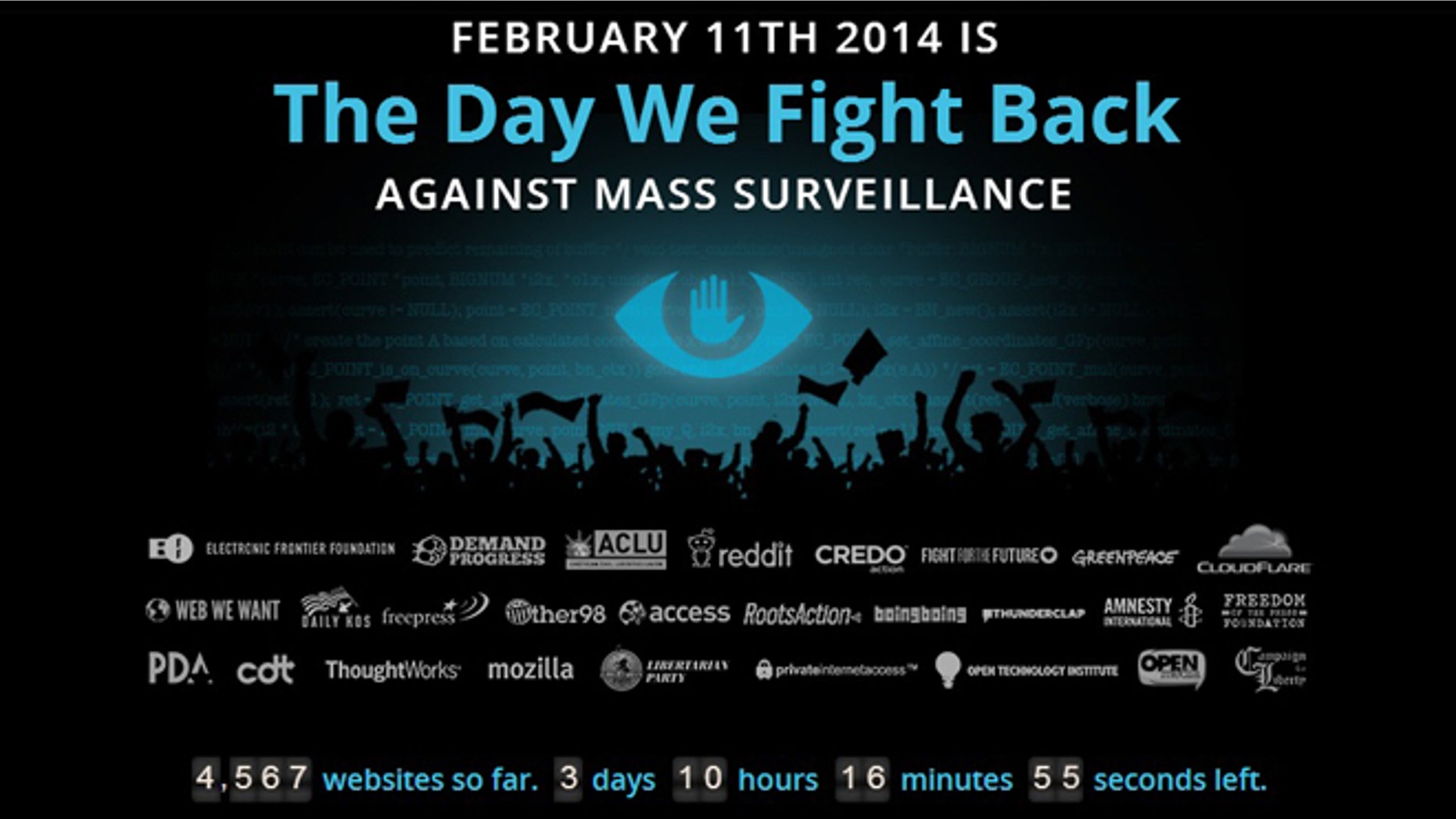 A screenshot of thedaywefightback.org, where more than 4,500 websites have signed up to display embeddable banners and widgets on their sites that prompt visitors to call or email their members of congress in support of the USA Freedom Act.