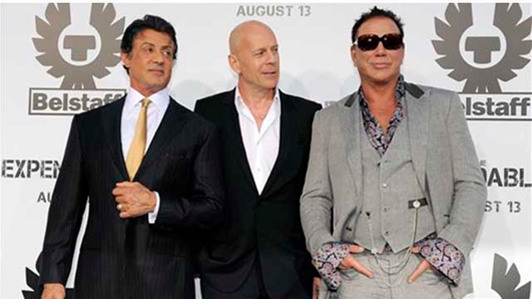 Aug. 3: Sylvester Stallone, Bruce Willis and Mickey Rourke pose together at the premiere of "The Expendables" in Los Angeles.