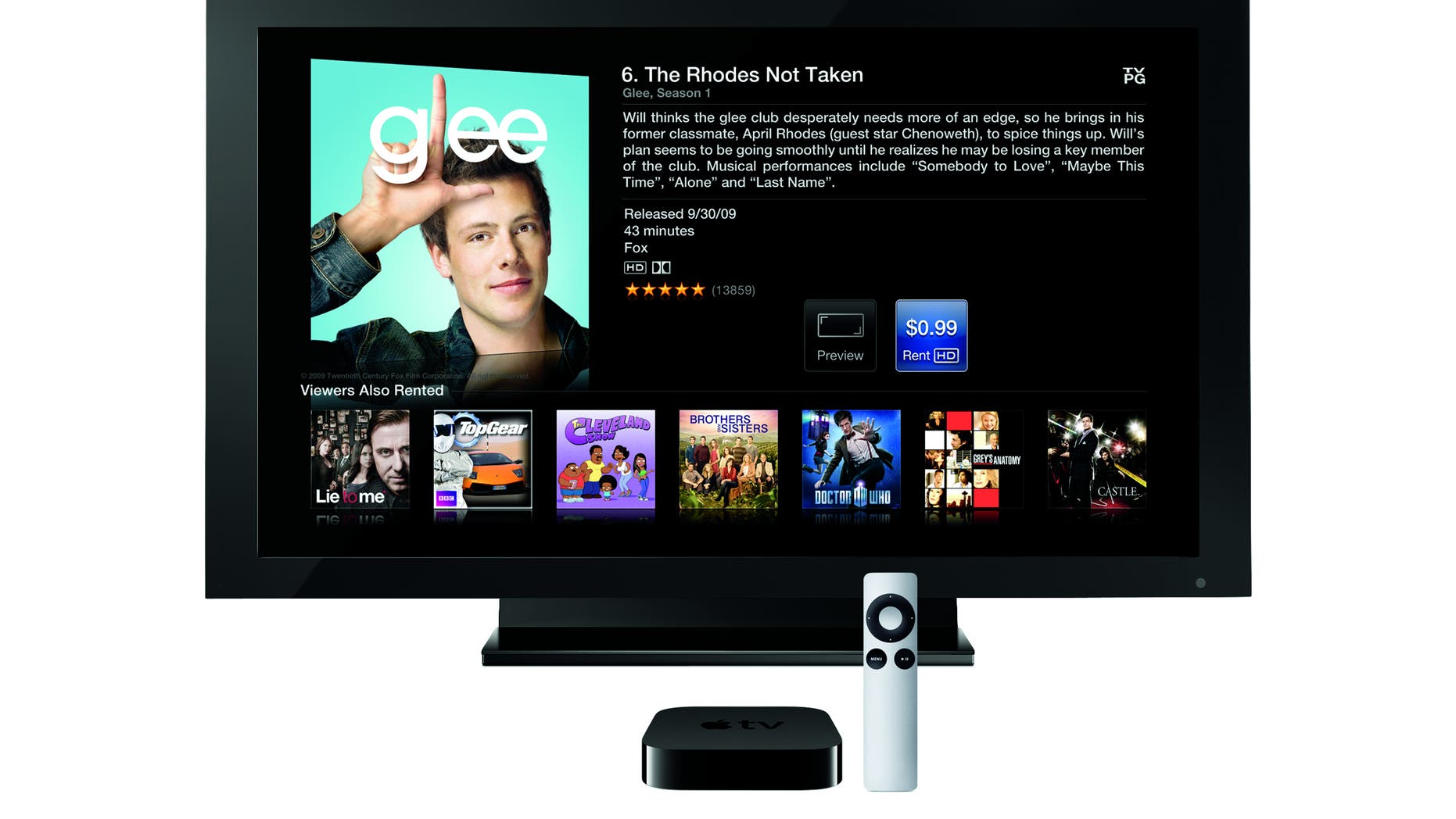 Apple TV streams high-definition web videos from your home PCs to your television.