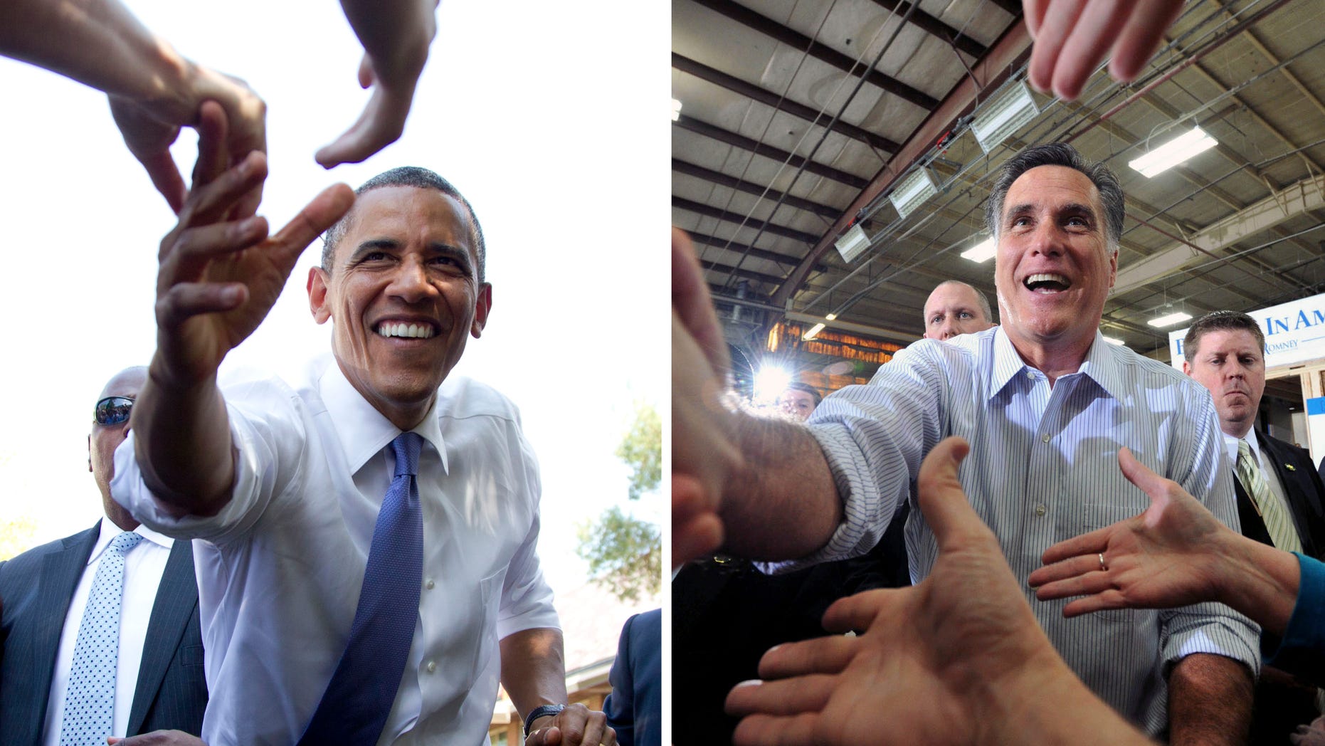 In this photo combination, President Barack Obama, left, reaches out to shake hands after speaking at a campaign event at Capital University on Tuesday, Aug. 21, 2012, in Columbus, Ohio and Republican presidential candidate, Mitt Romney, shakes hands with supporters after finishing his speech during a rally at Guerdon Enterprises in Boise, Idaho Friday, Feb. 17, 2012. Two months out from Election Day, nearly a quarter of all registered voters are either undecided about the presidential race or iffy in their support for a candidate, an Associated Press-GfK poll shows. These voters could well prove decisive in a close contest. And they will be tough nuts for Barack Obama and Mitt Romney to crack. (AP Photo)