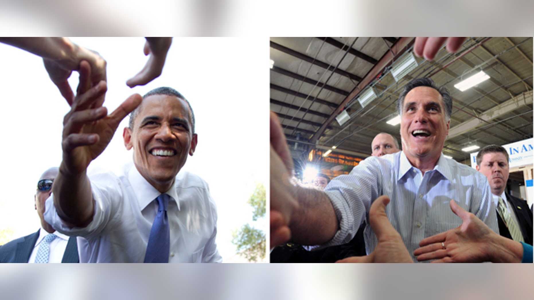 In this photo combination, President Barack Obama, left, reaches out to shake hands after speaking at a campaign event at Capital University on Tuesday, Aug. 21, 2012, in Columbus, Ohio and Republican presidential candidate, Mitt Romney, shakes hands with supporters after finishing his speech during a rally at Guerdon Enterprises in Boise, Idaho Friday, Feb. 17, 2012. (AP Photo)