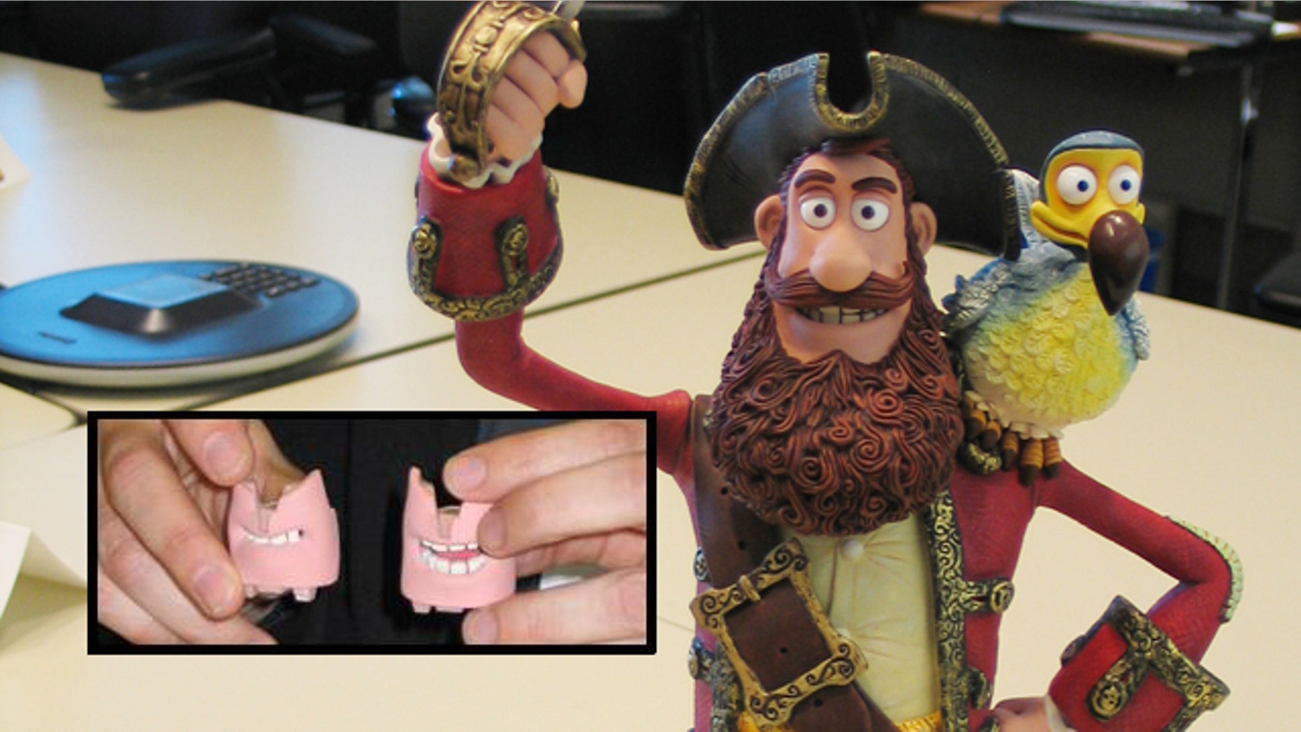 Jan. 13, 2012: Animator Ian Whitlock demonstrates 3D printed mouths for a pirate captain model from "The Pirates! Band of Misfits" film at Sony Animation Pictures Studios in Culver City, Calif.