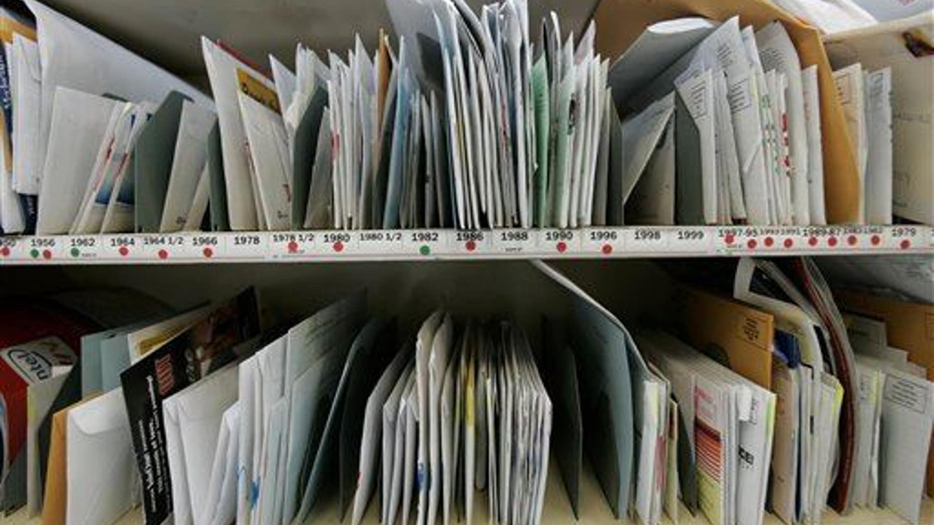 Mail waits to be picked up by recipients at a New Orleans post office.