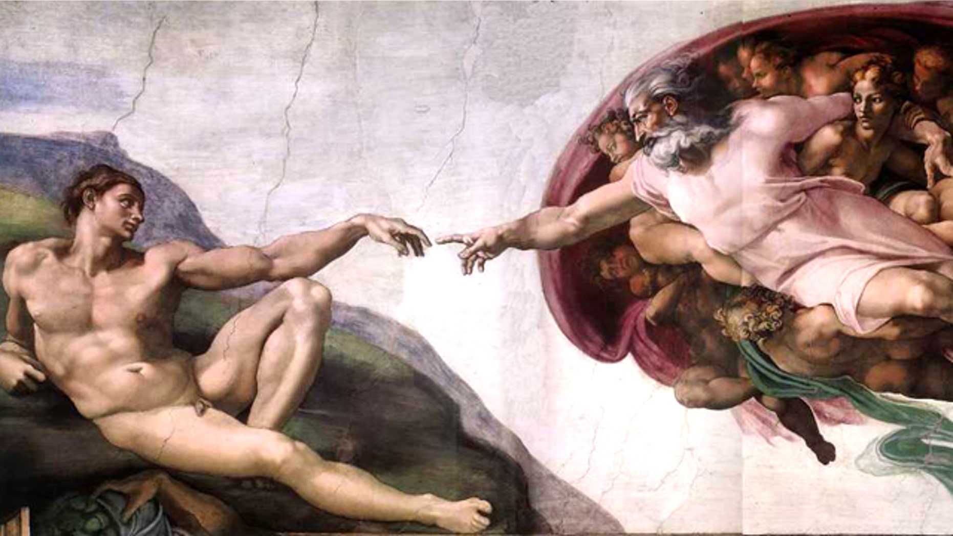 The Creation of Adam, a painting by Michelangelo depicting the biblical scene in which God creates the first man, from the ceiling of the Sistine Chapel.