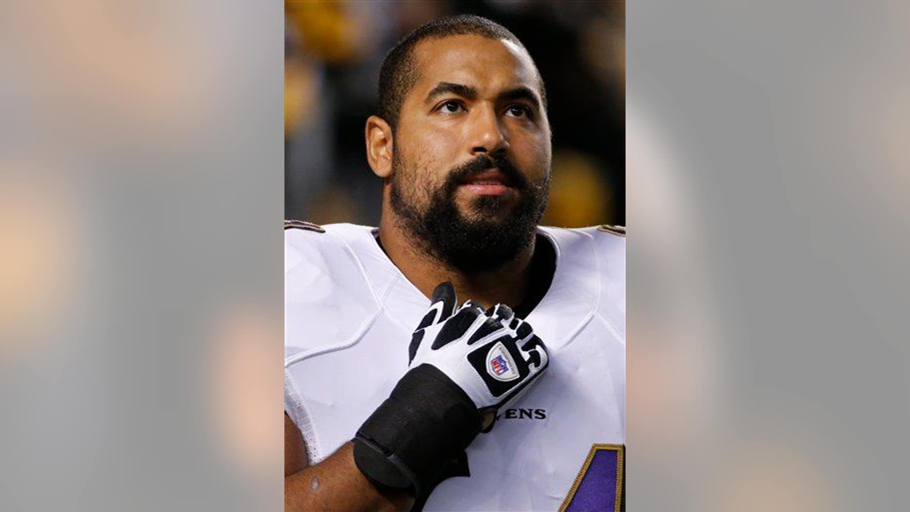 Baltimore Ravens guard John Urschel (64) before an NFL football game against the Pittsburgh Steelers, Sunday, Nov. 2, 2014, in Pittsburgh.