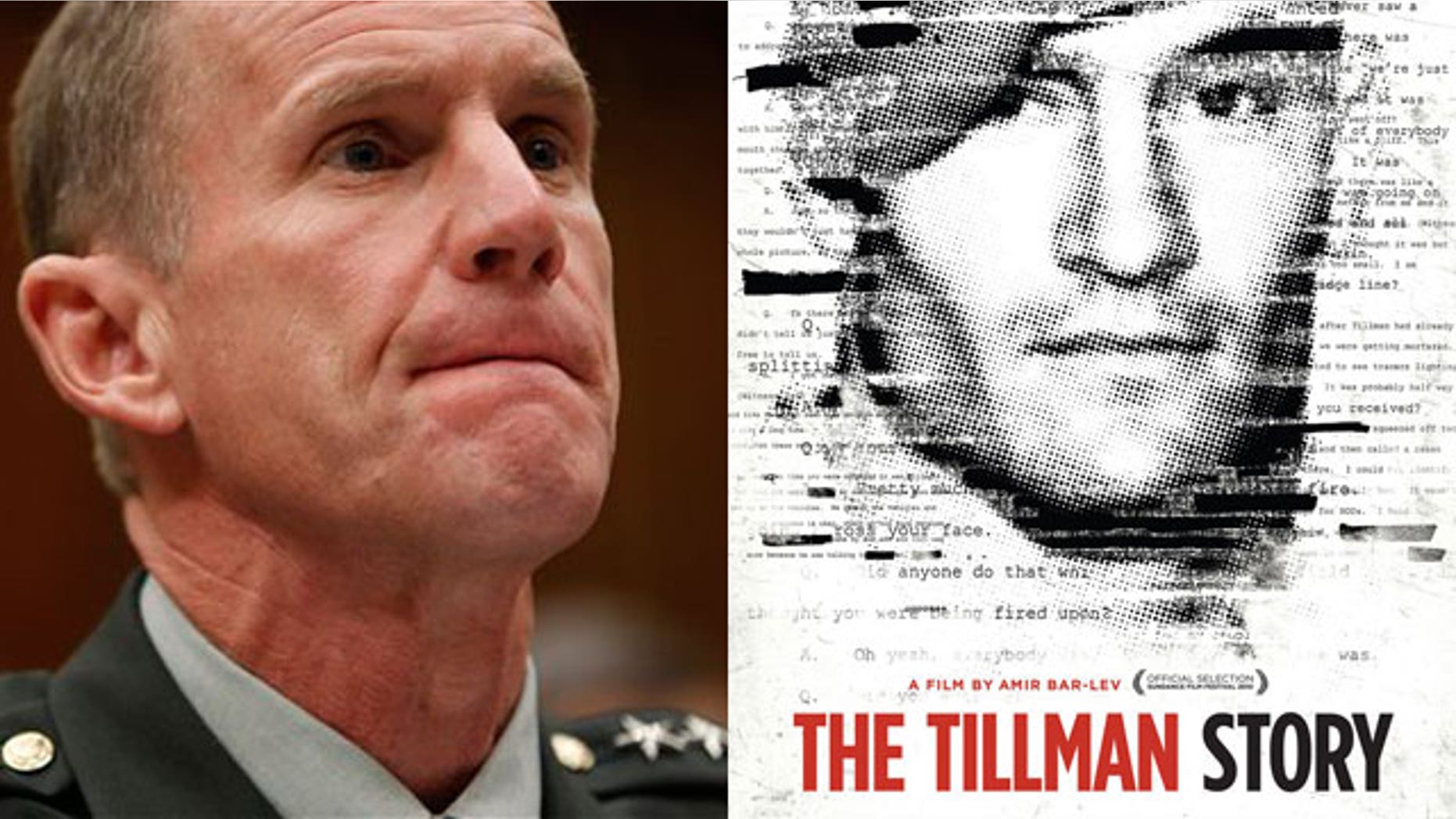Gen. Stanley McChrystal (left) and a promotional poster for the film 'The Tillman Story'