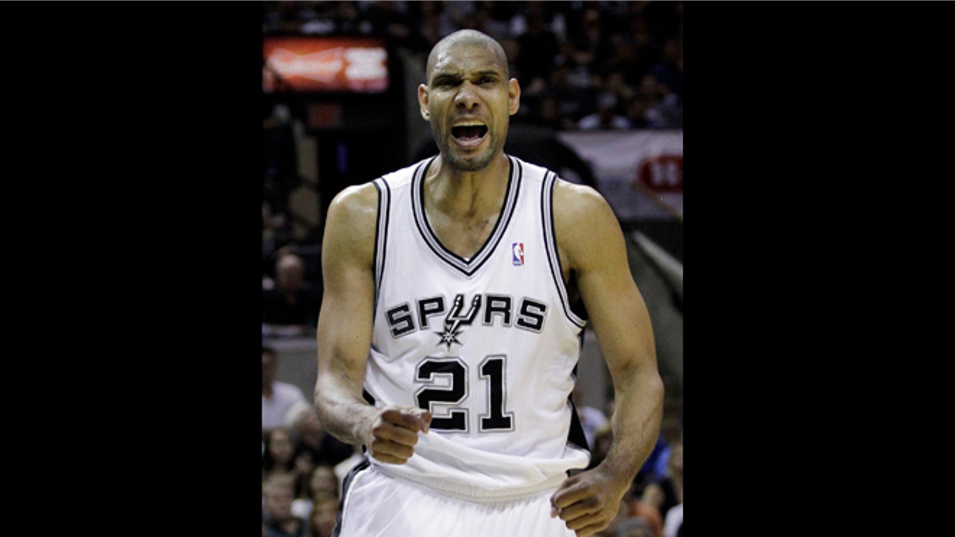 San Antonio Spurs' Tim Duncan reacts after a play during the fourth quarter of Game 1 of an NBA basketball Western Conference semifinal playoff series against the Los Angeles Clippers, Tuesday, May 15, 2012, in San Antonio. San Antonio won 108-92. (AP Photo/Eric Gay)