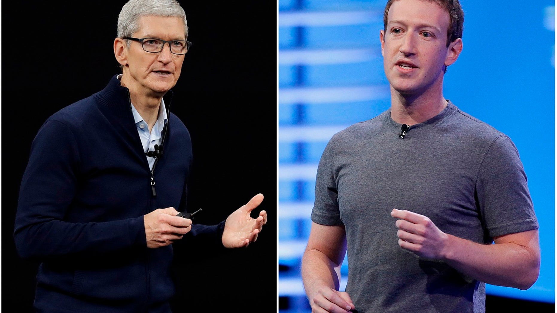 SPLIT IMAGE: Apple CEO Tim Cook speaks on the new Apple campus in 2017; Facebook CEO Mark Zuckerberg in San Francisco in 2016.