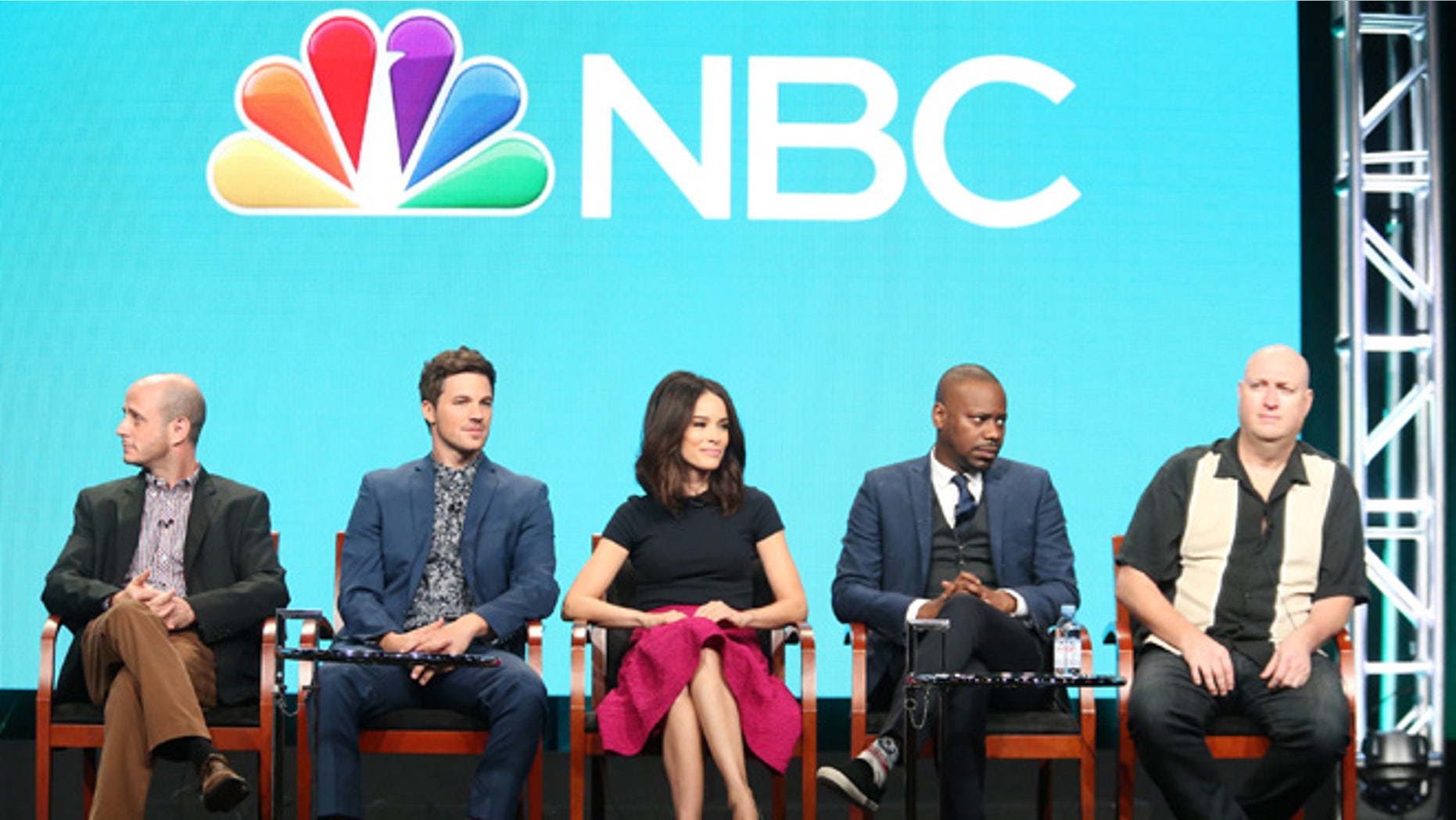 BEVERLY HILLS, CA - AUGUST 02: (L-R) Executive producer Eric Kripke, actors Matt Lanter, Abigail Spencer, Malcolm Barrett and executive producer Shawn Ryan speak onstage at the 'Timeless' panel discussion during the NBCUniversal portion of the 2016 Television Critics Association Summer Tour at The Beverly Hilton Hotel on August 2, 2016 in Beverly Hills, California. (Photo by Frederick M. Brown/Getty Images)