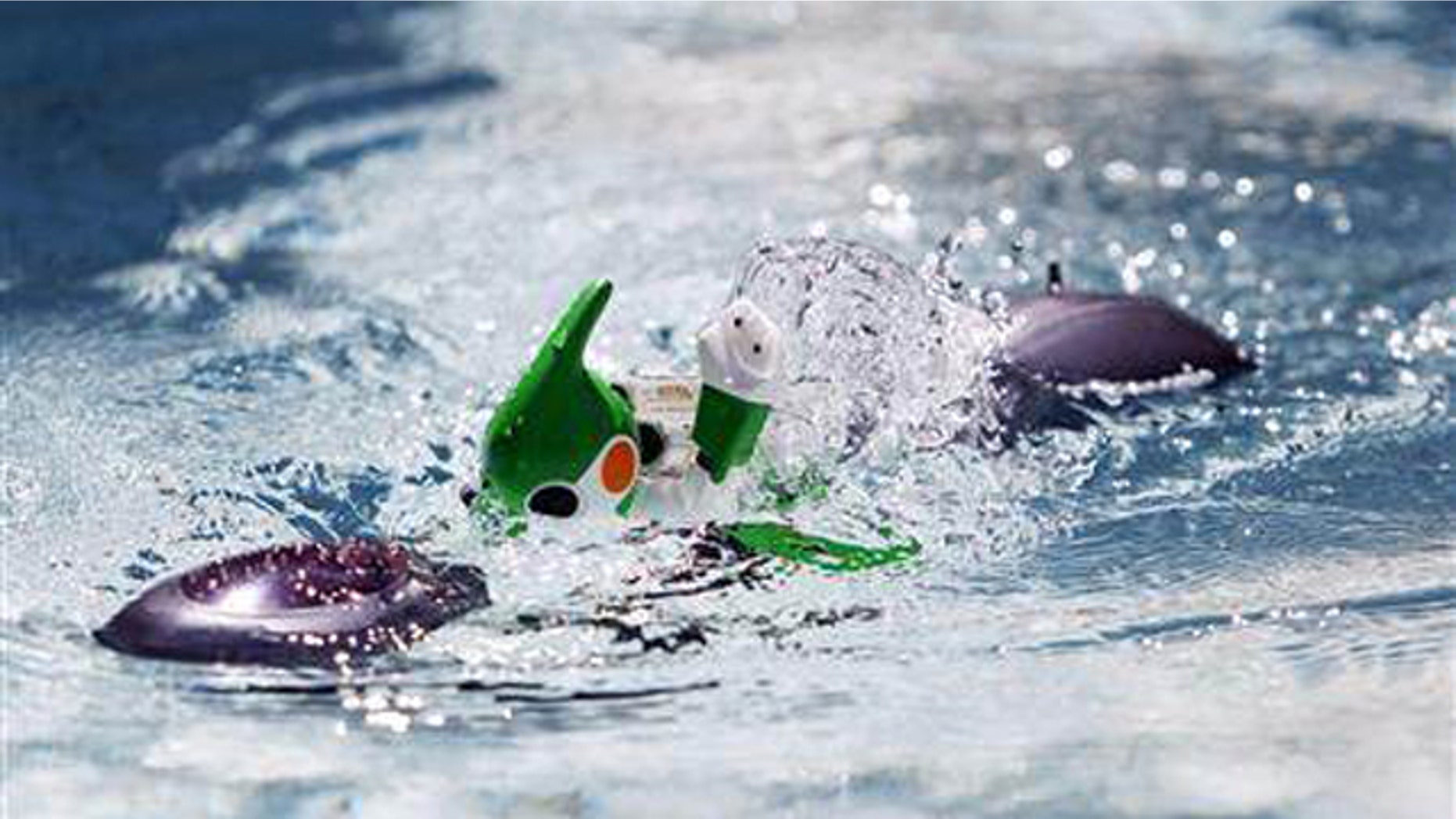 Sept. 15, 2011: Panasonic's "Evolta" swim robot, powered by the company's Evolta rechargable batteries, is demonstrated at a pool during a news conference in Tokyo.