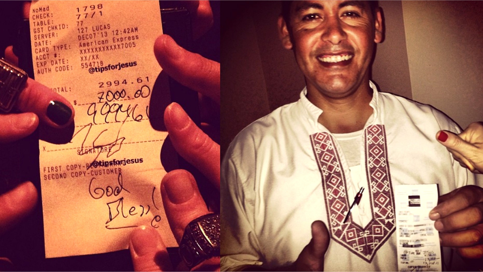 Images from the tipsforjesus Instagram account. A tip for $9,994.61 (left); Carlos Mendez in Punta Mita, Mexico, smiles about his tip worth more than 13,000 pesos (about $1,000).
