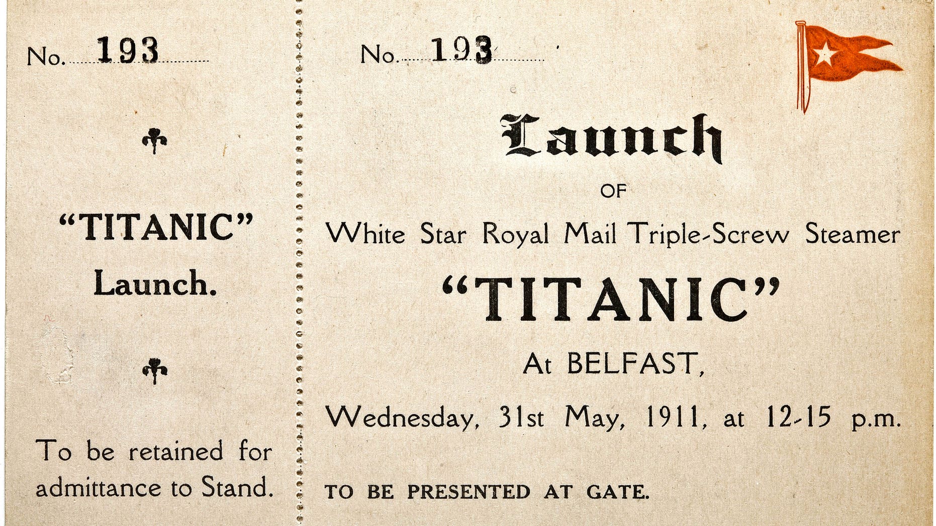 In this Jan. 31, 2012 photo provided by Bonhams auction house, a ticket to the May 31, 1911 launch of the R.M.S. Titanic is shown.