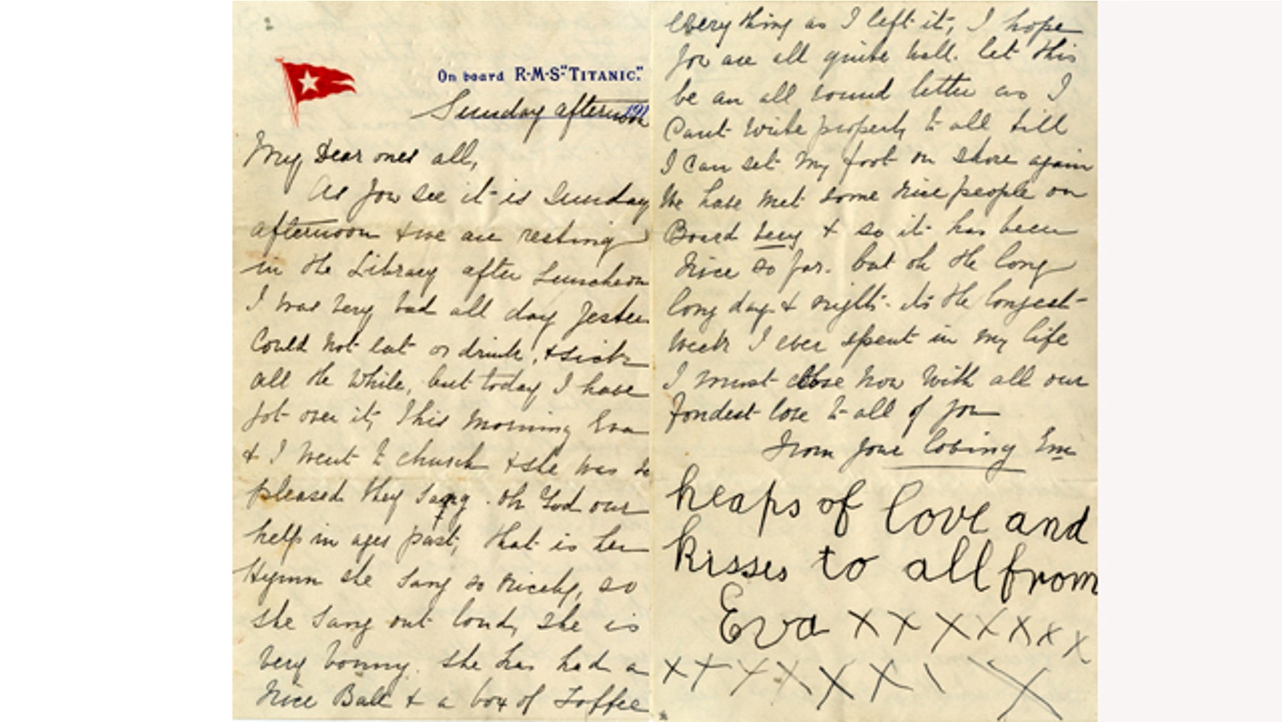 April 26, 2014: These images released by Henry Aldridge And Son Auctioneers show a letter written by Esther Hart and her seven-year-old daughter Eva as they sailed aboard RMS Titanic in April 1912, shortly before the ship struck an iceberg and sank in the North Atlantic Ocean. Hart survived, and so did the letter she wrote because her husband put the letter inside the pocket of his coat which he gave to his wife to keep warm, giving exquisite details about the voyage aboard the ill-fated Titanic. (AP PHOTO /Henry Aldridge And Son Auctioneers)