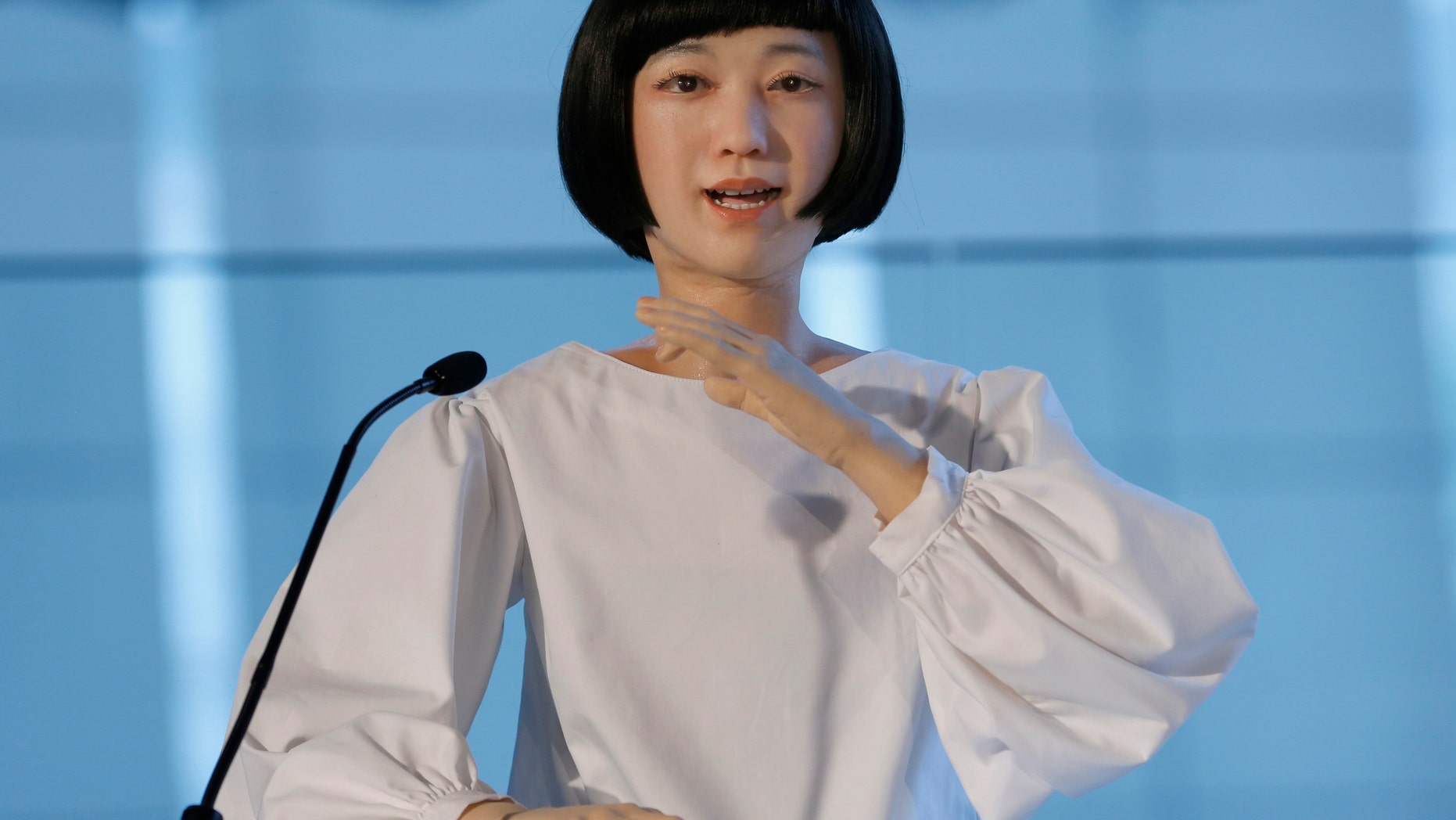 Android robot Kodomoroid speaks during a press event at the National Museum of Emerging Science and Innovation Miraikan in Tokyo.