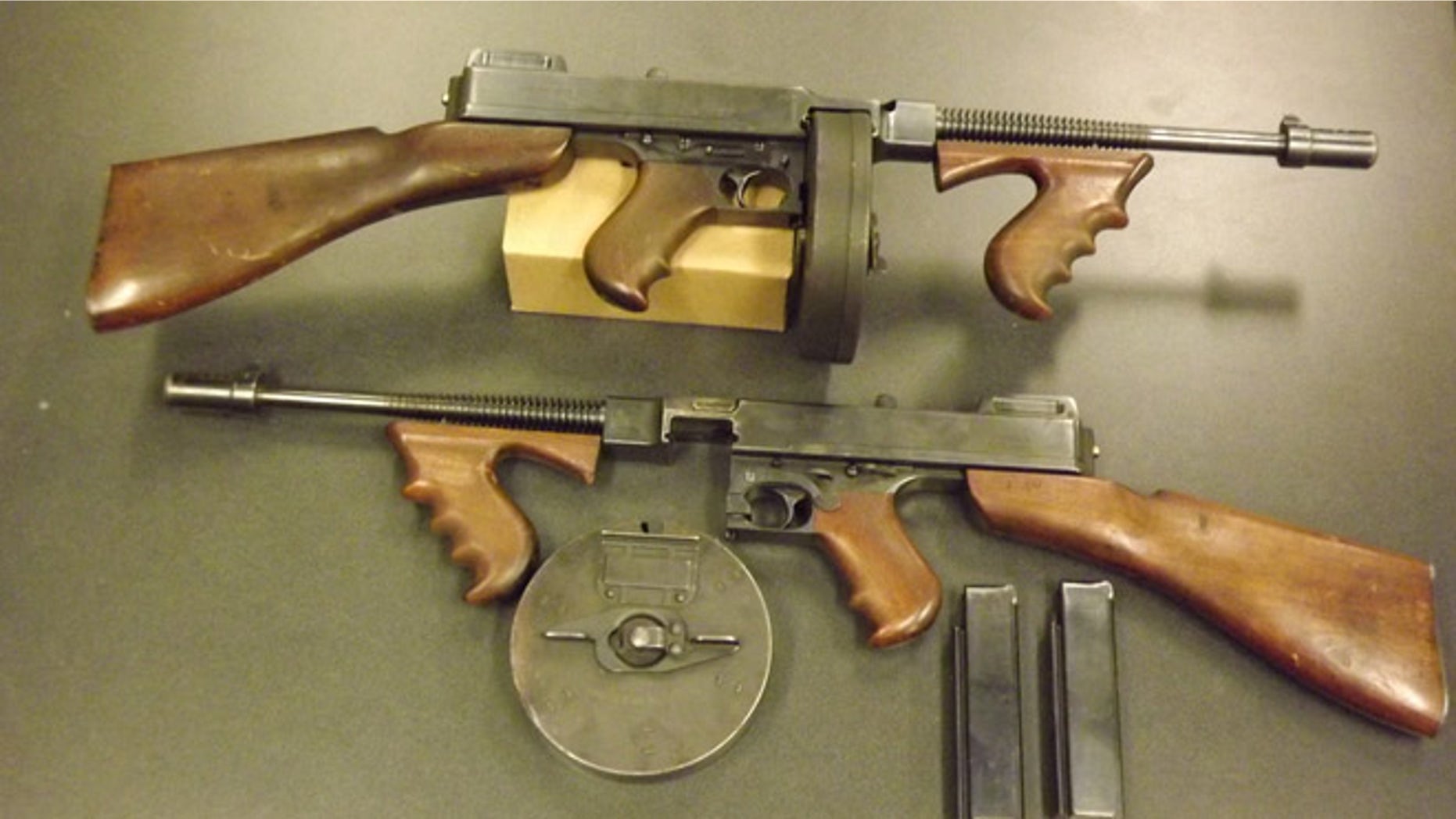 The Forsyth County Sheriff's office in North Carolina will trade this pair of Thompson submachine guns for 88 Bushmaster rifles. the guns, which were made in 1928, are coveted by collectors and are worth $60,000.