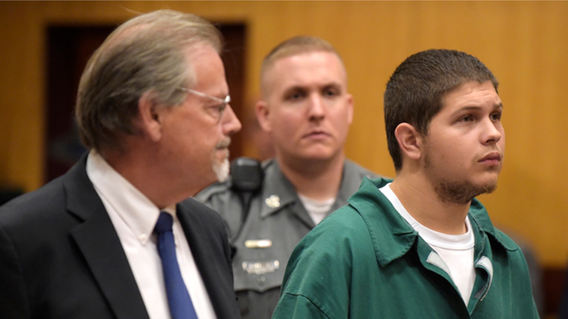 Tony Moreno, right, appears in Middletown Superior Court in Middletown, Conn., on Tuesday, July 21, 2015, with his lawyer, James McKay. Moreno's case has been continued by Judge David P. Gold until September 15. Moreno is charged with murder in the death of 7-month-old Aaden Moreno. Heis accused of throwing his infant son to his death off the Arrigoni Bridge and into the Connecticut River. (Patrick Raycraft/The Courant via AP, Pool)