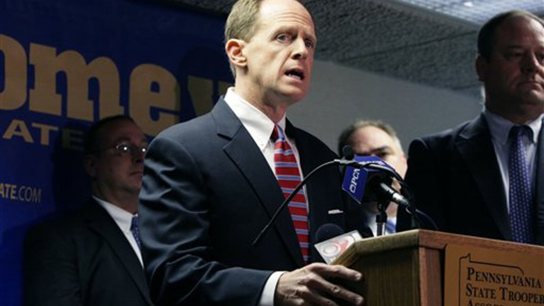 U.S. Senate candidate Pat Toomey talks during a news conference at which he received an official endorsement from the Pennsylvania State Troopers Association on Tuesday, Oct. 12, 2010, in Harrisburg, Pa. (AP Photo/Ann Foster)
